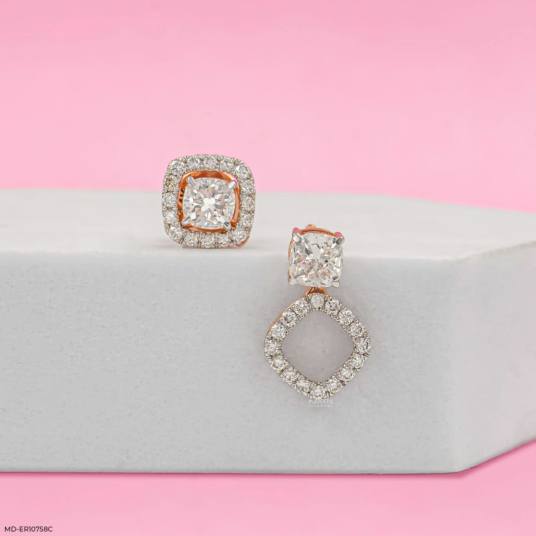1.35 Carat Cusion Frame Lab Diamond Earrings 14K Rose Gold
