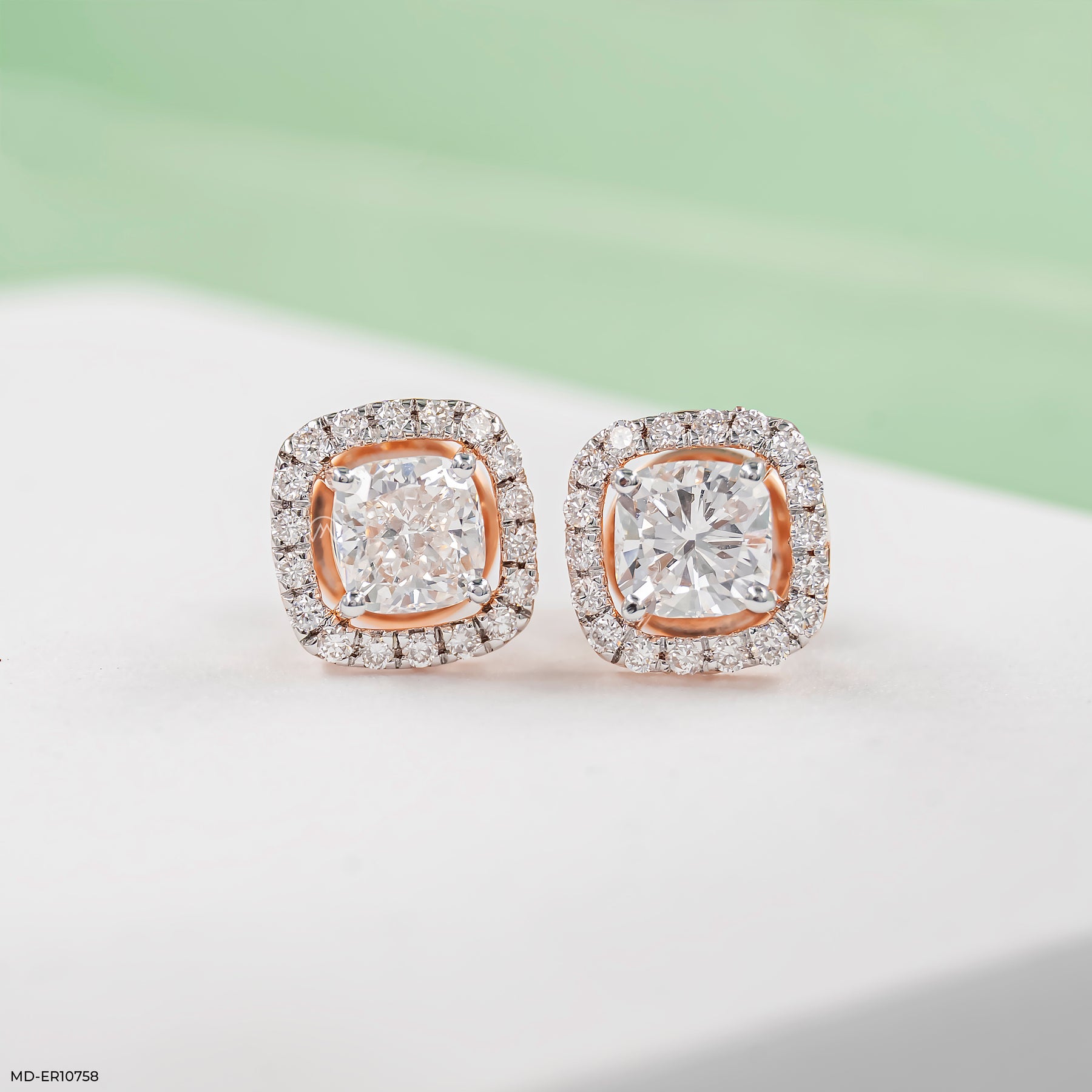 1.5 Carat Cushion-Cut Lab Diamond Halo Stud Earrings 14K Rose Gold
