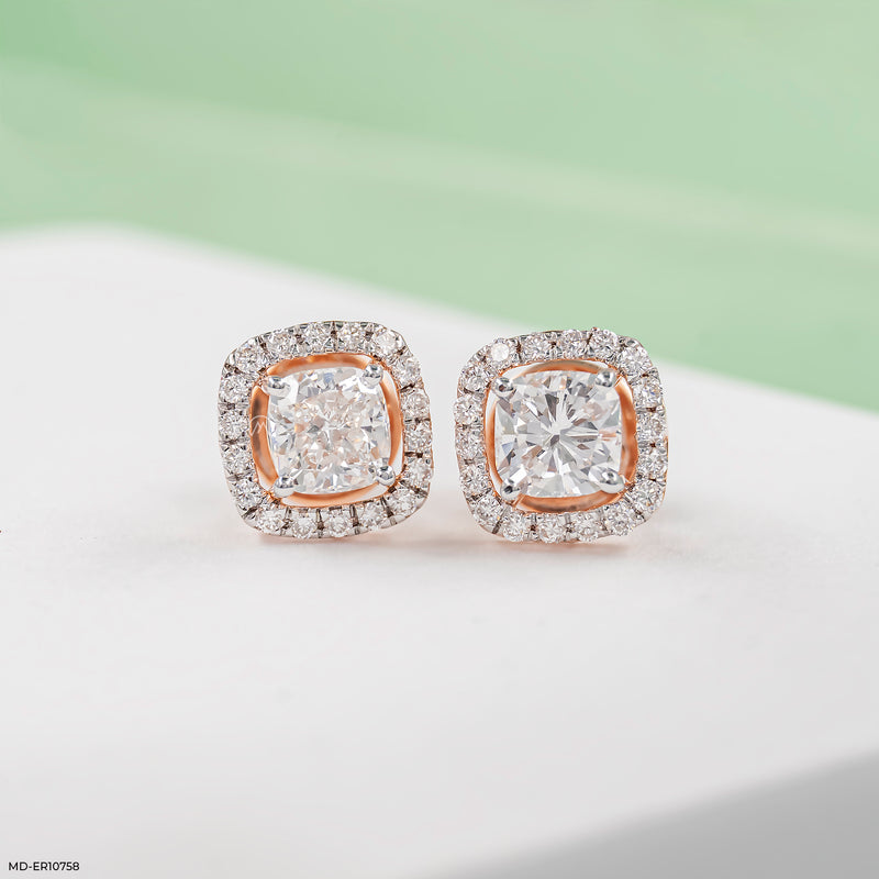 Cushion-Cut Lab Diamond Halo Stud Earrings 14K Rose Gold