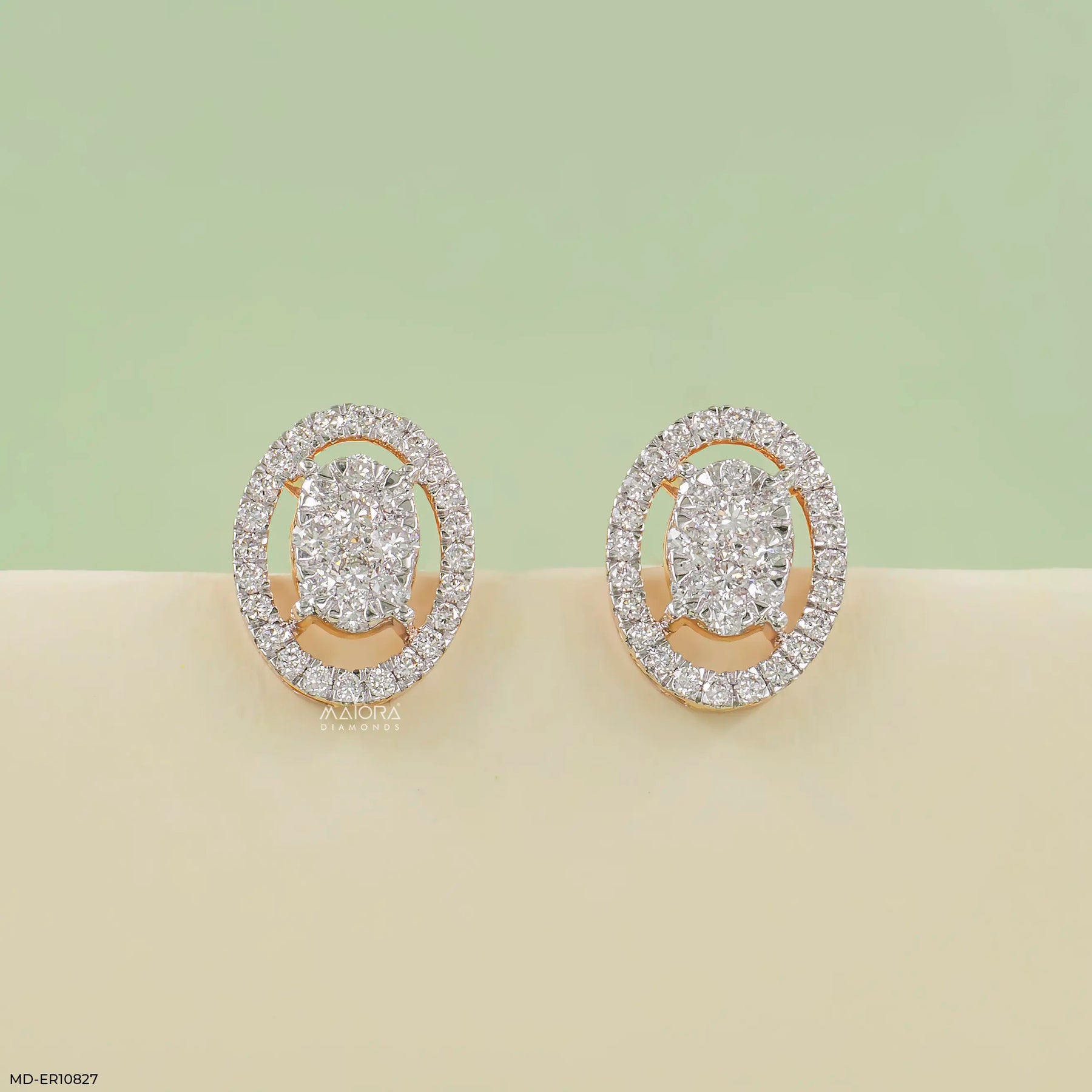 Glossy Oval Halo Diamond Earrings 9K Rose Gold