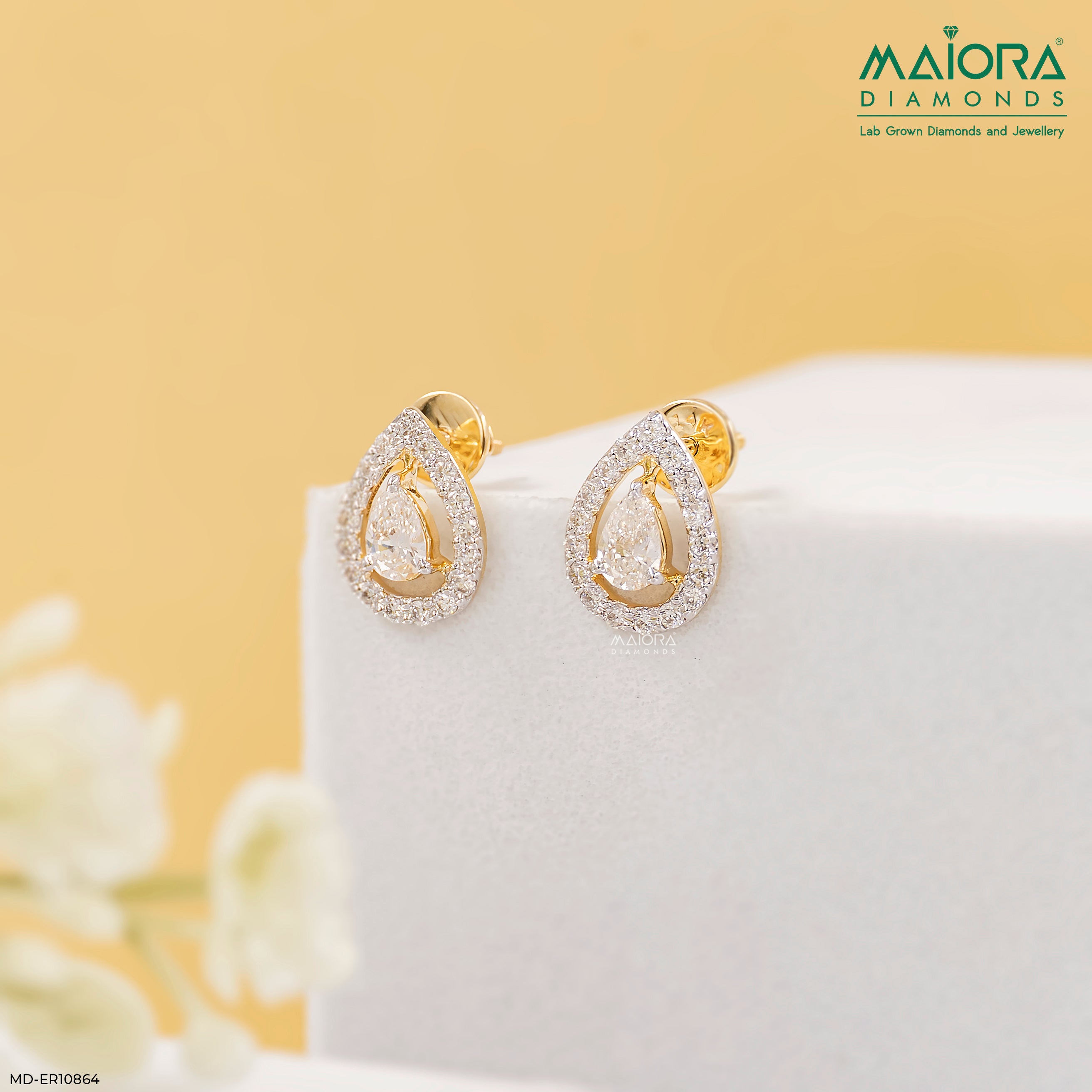 1.15 Carat Pear Halo Grace Lab Diamond Earrings 14K Yellow Gold