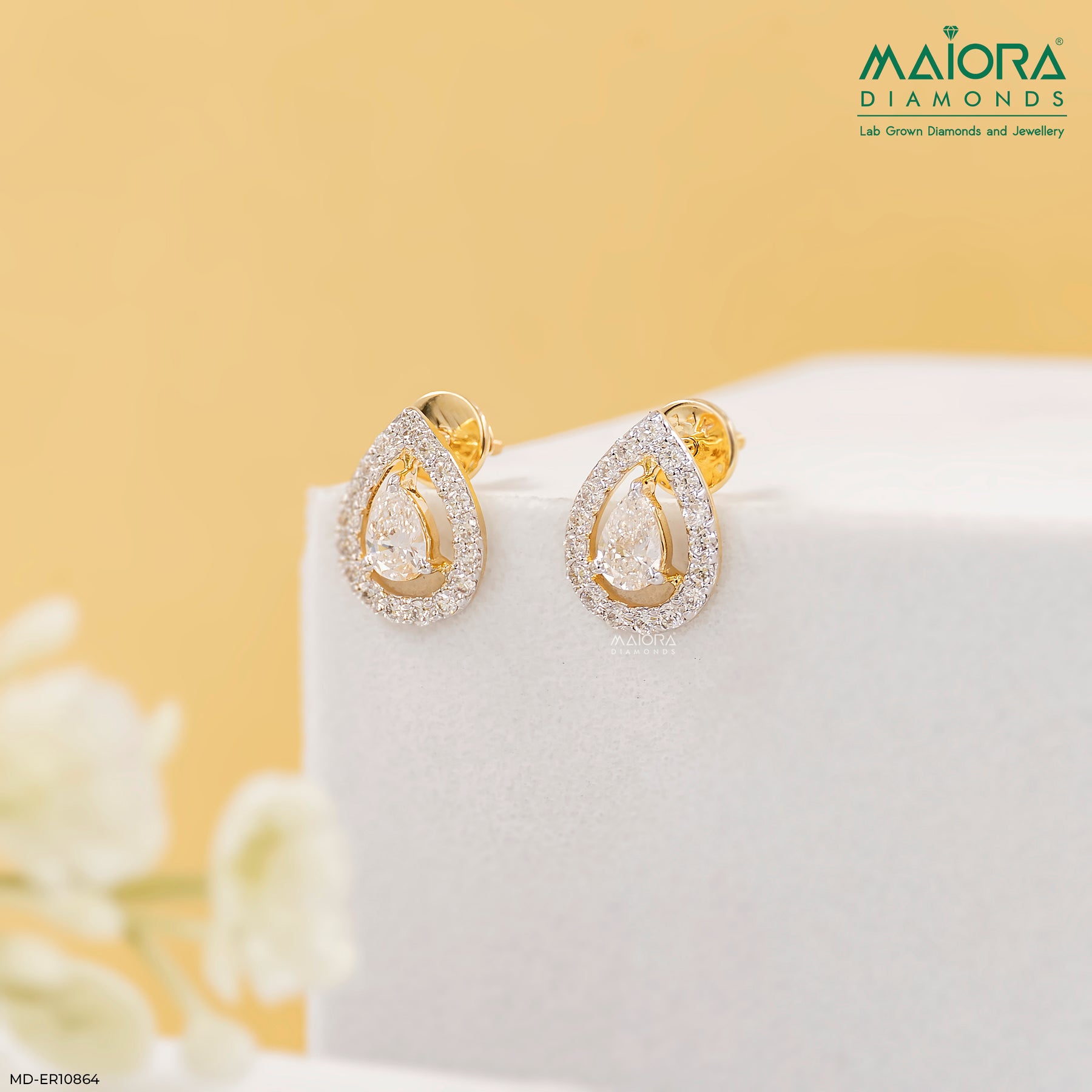 1.15 Carat Pear Halo Grace Lab Diamond Earrings 14K Yellow Gold