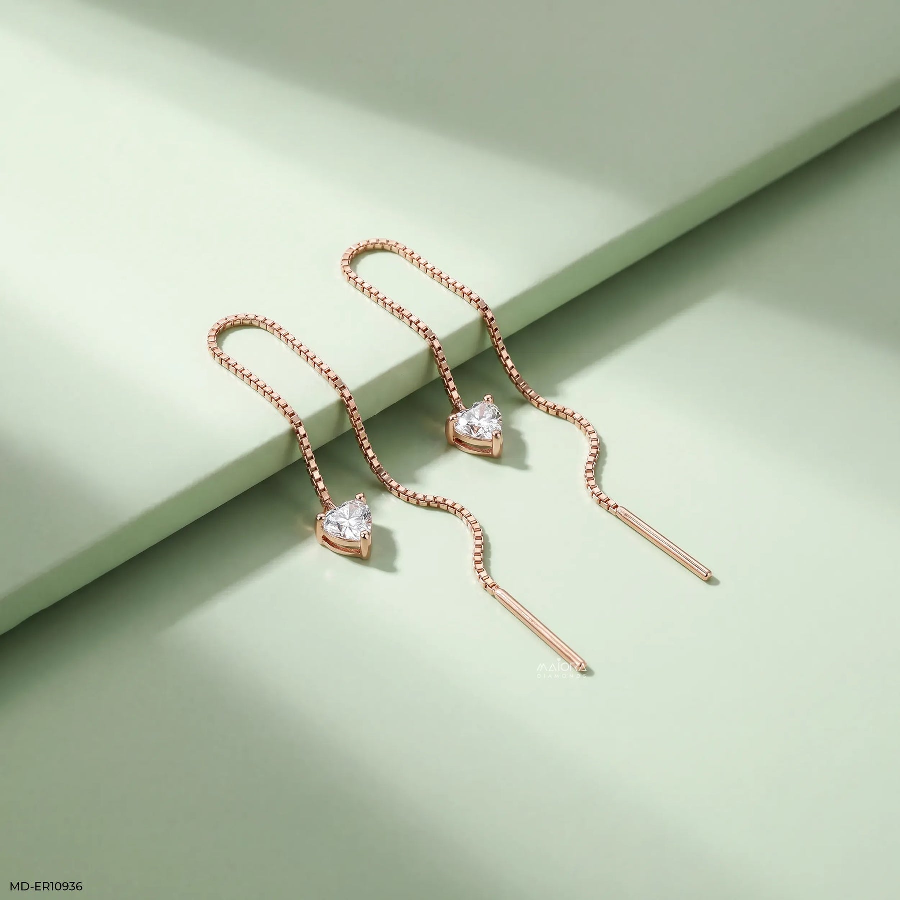 Solitaire Heart Dangle Sui Dhaga Diamond Earrings 9K Rose Gold