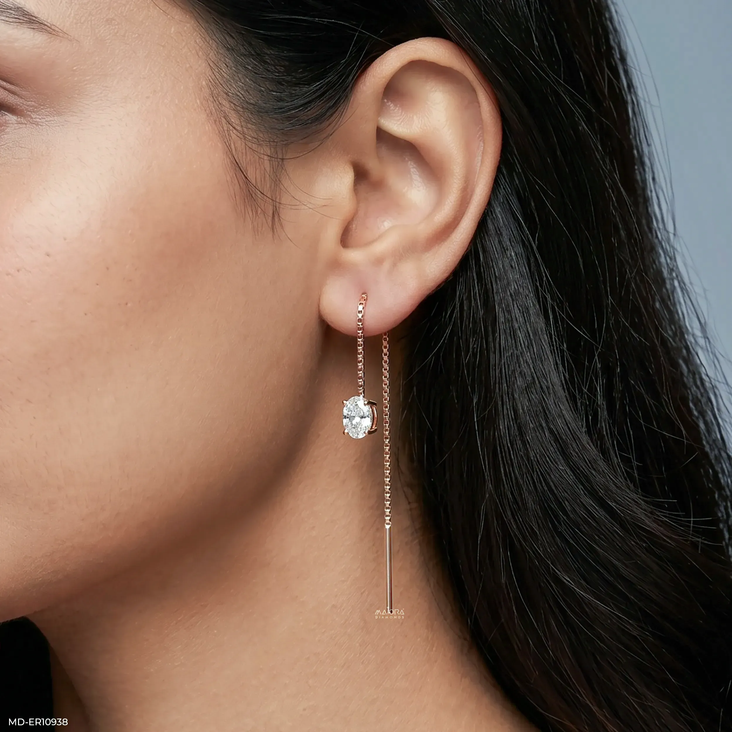 Glimmaring Solitaire Oval Sui Dhaga Diamond Earrings 9K Yellow Gold