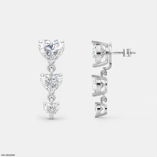 Triple Heart Dangle Diamond Earrings 14K White Gold
