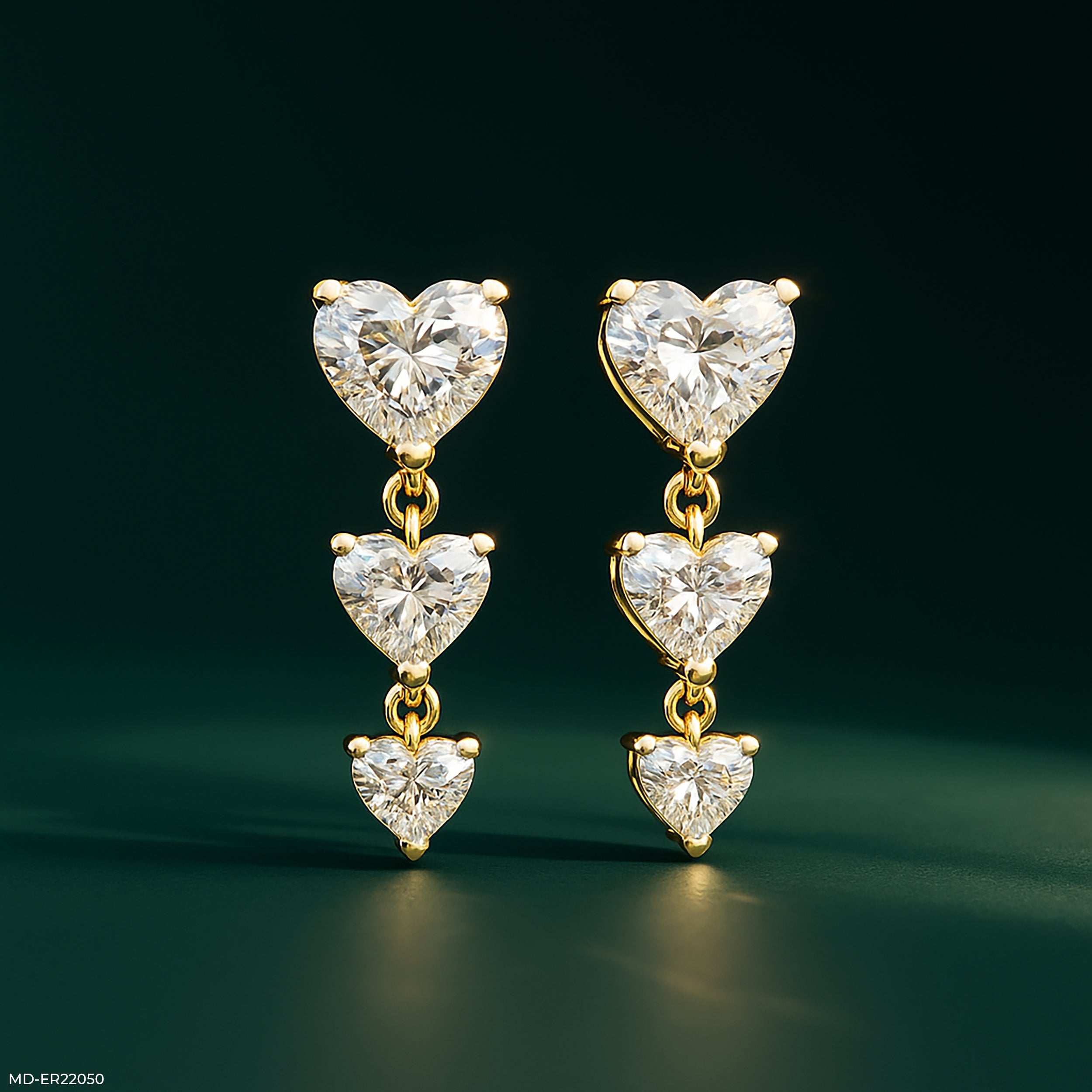Triple Heart Dangle Diamond Earrings 9K Rose Gold