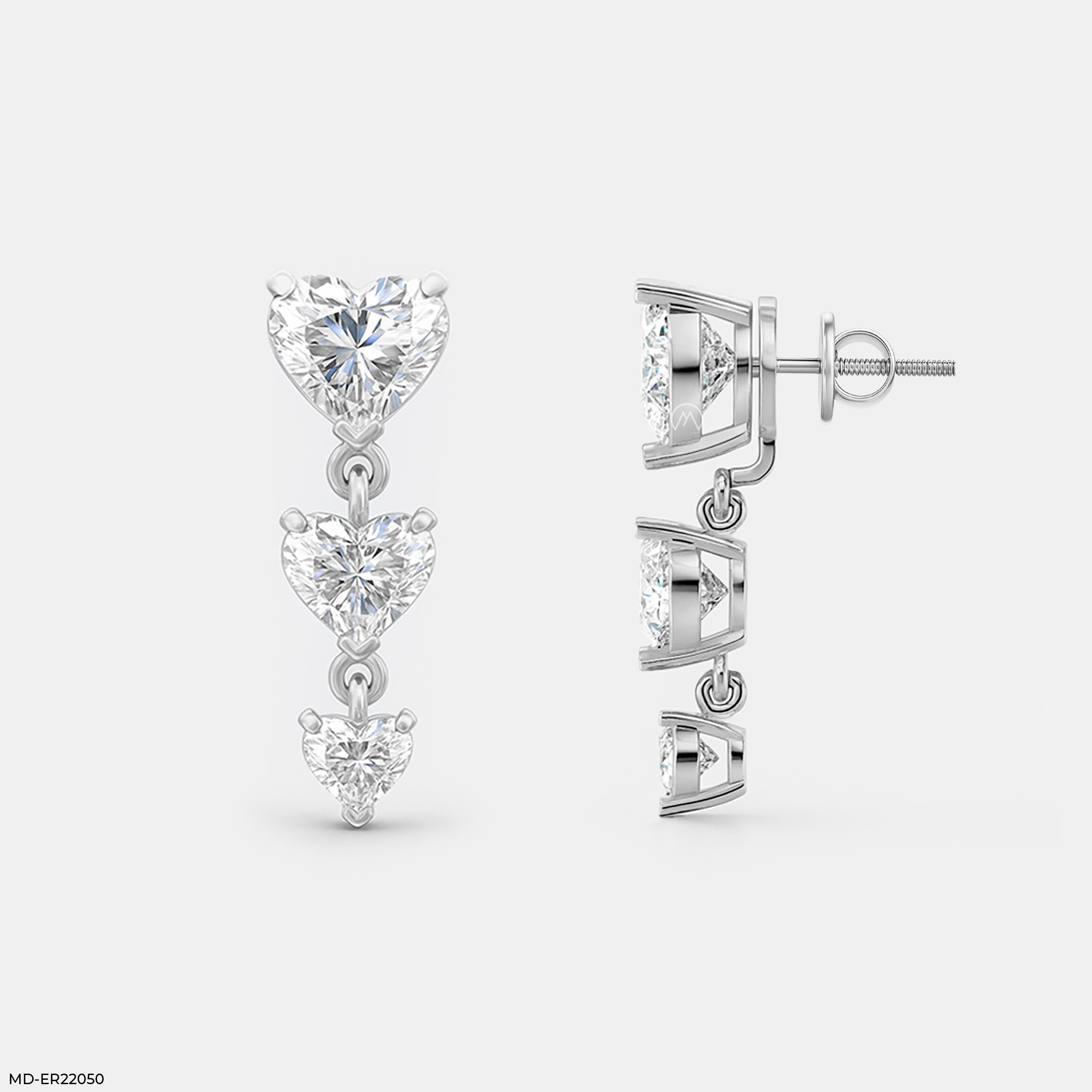 Triple Heart Dangle Diamond Earrings 14K White Gold