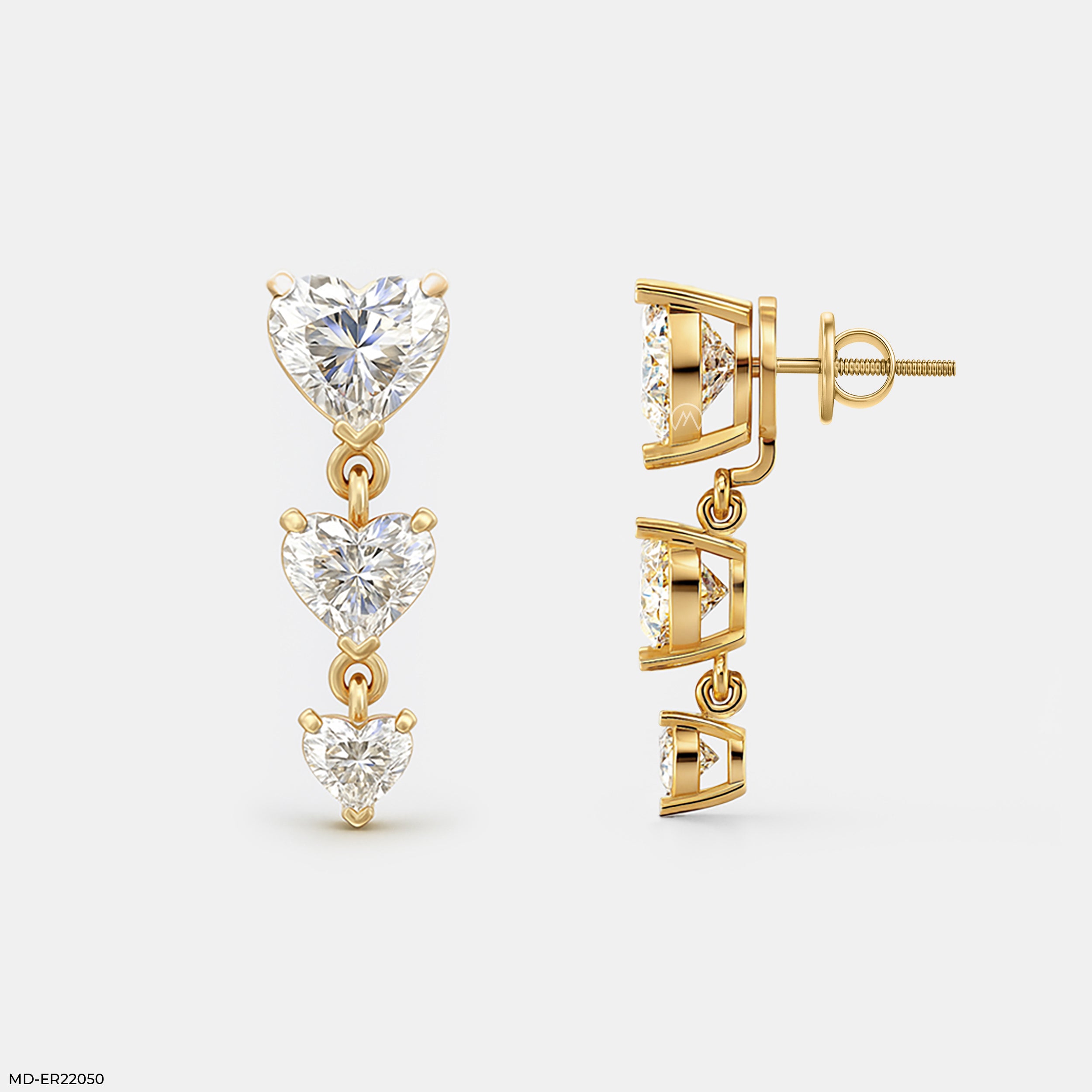 Triple Heart Dangle Diamond Earrings 14K Yellow Gold