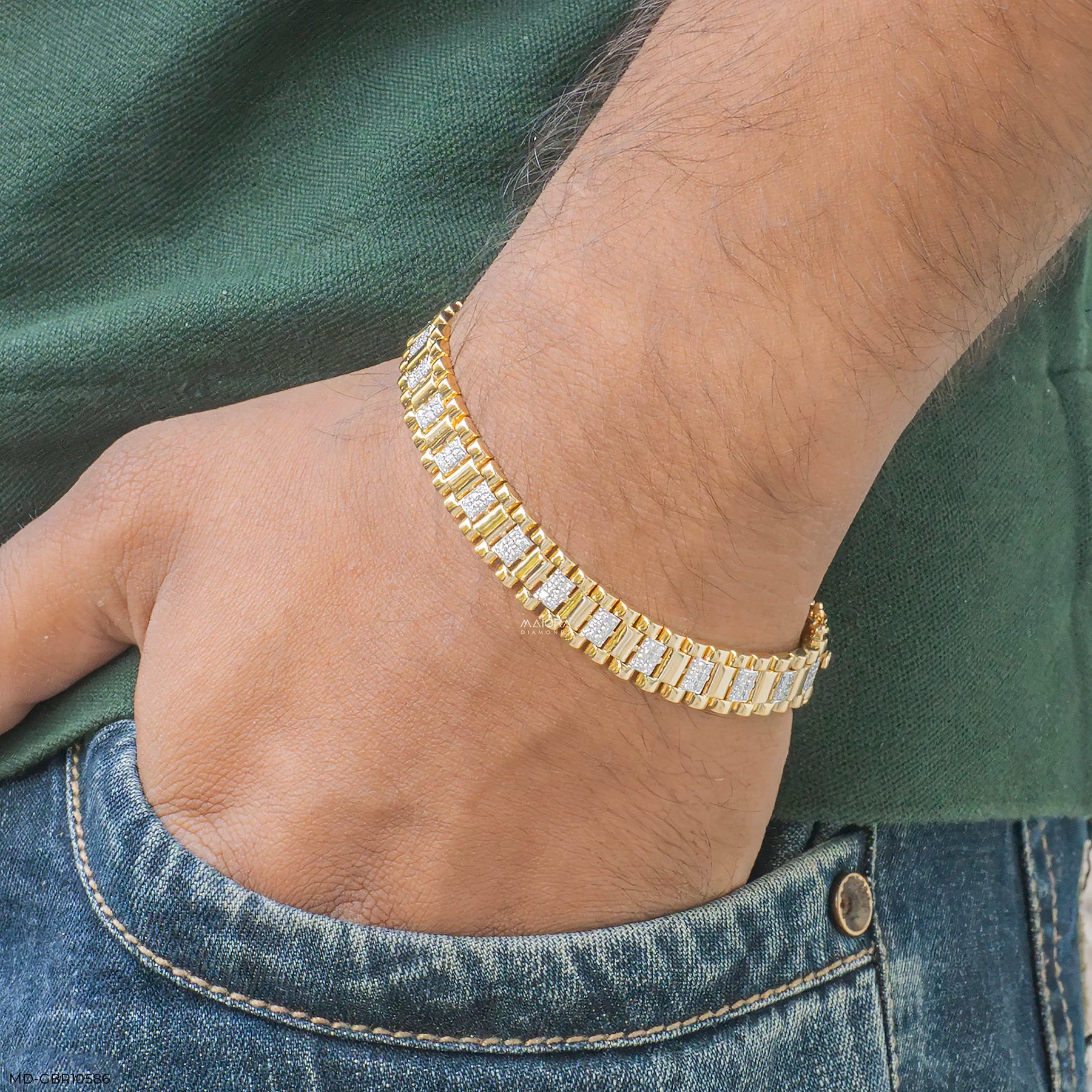 Prestige Link Mens Diamond Bracelet 18K Yellow Gold