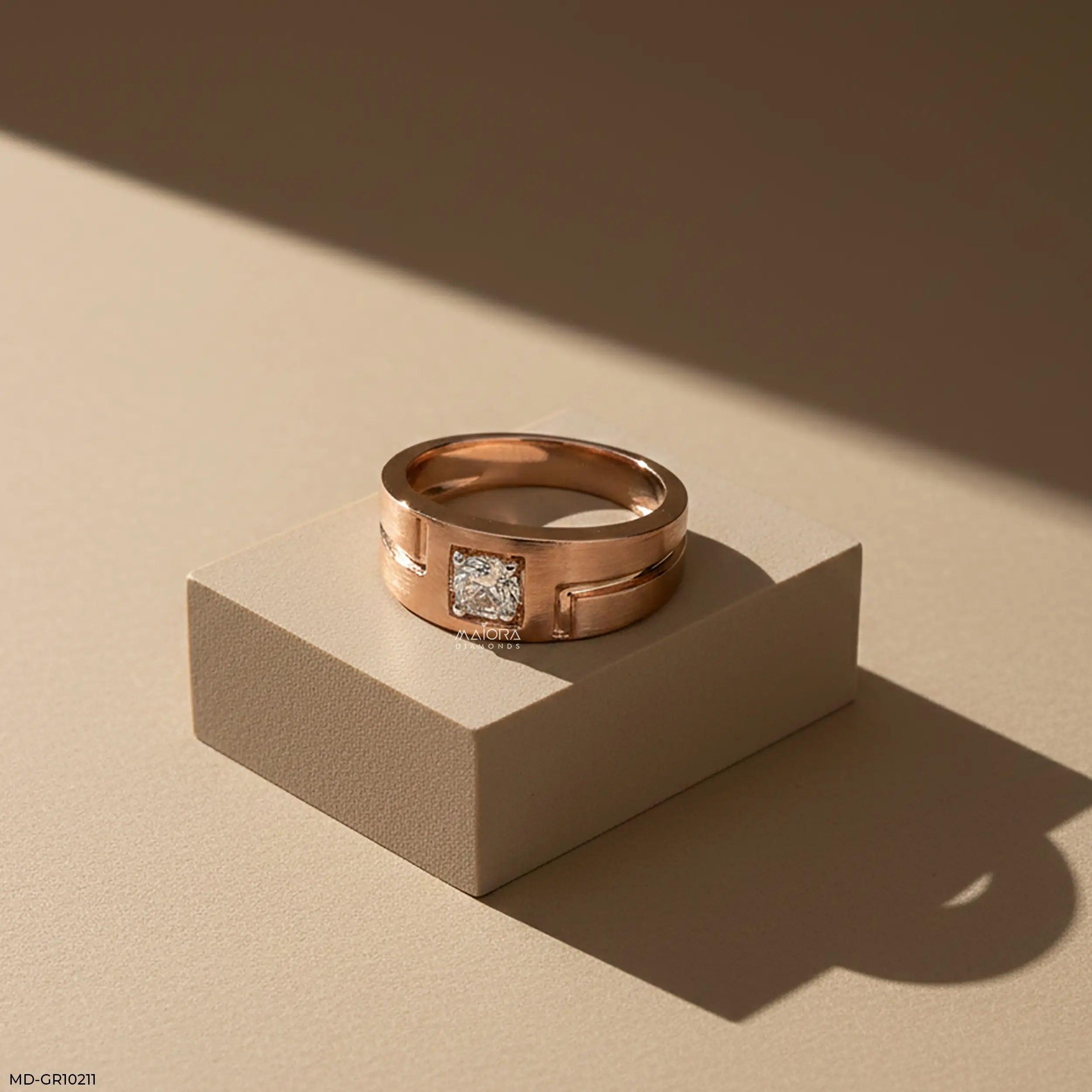 Golden Solitaire Diamond Mens Ring 14K Rose Gold