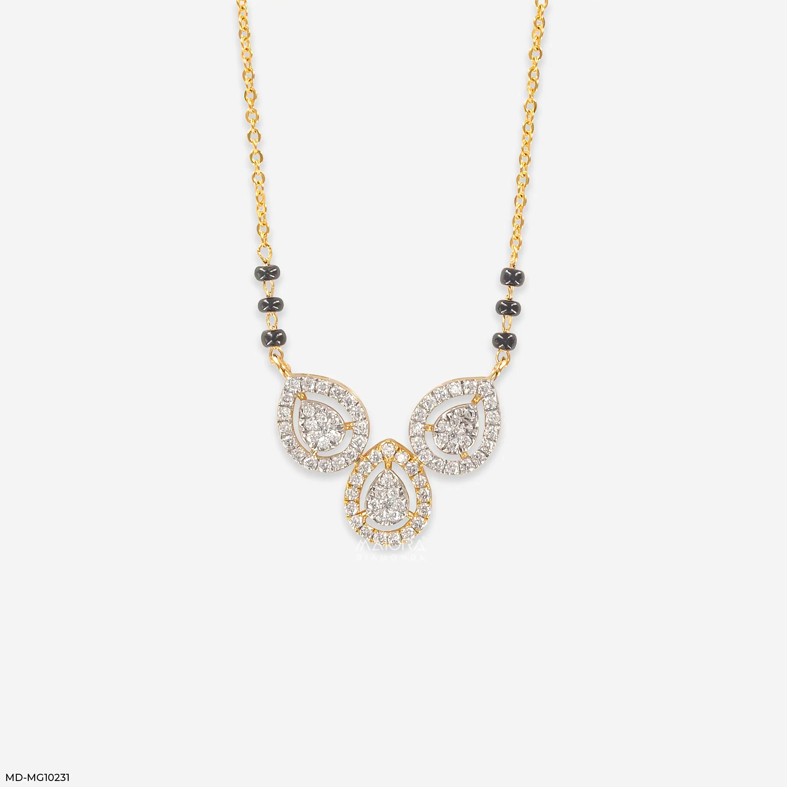 Trio Halo Leaf Diamond Mangalsutra 9K Yellow Gold