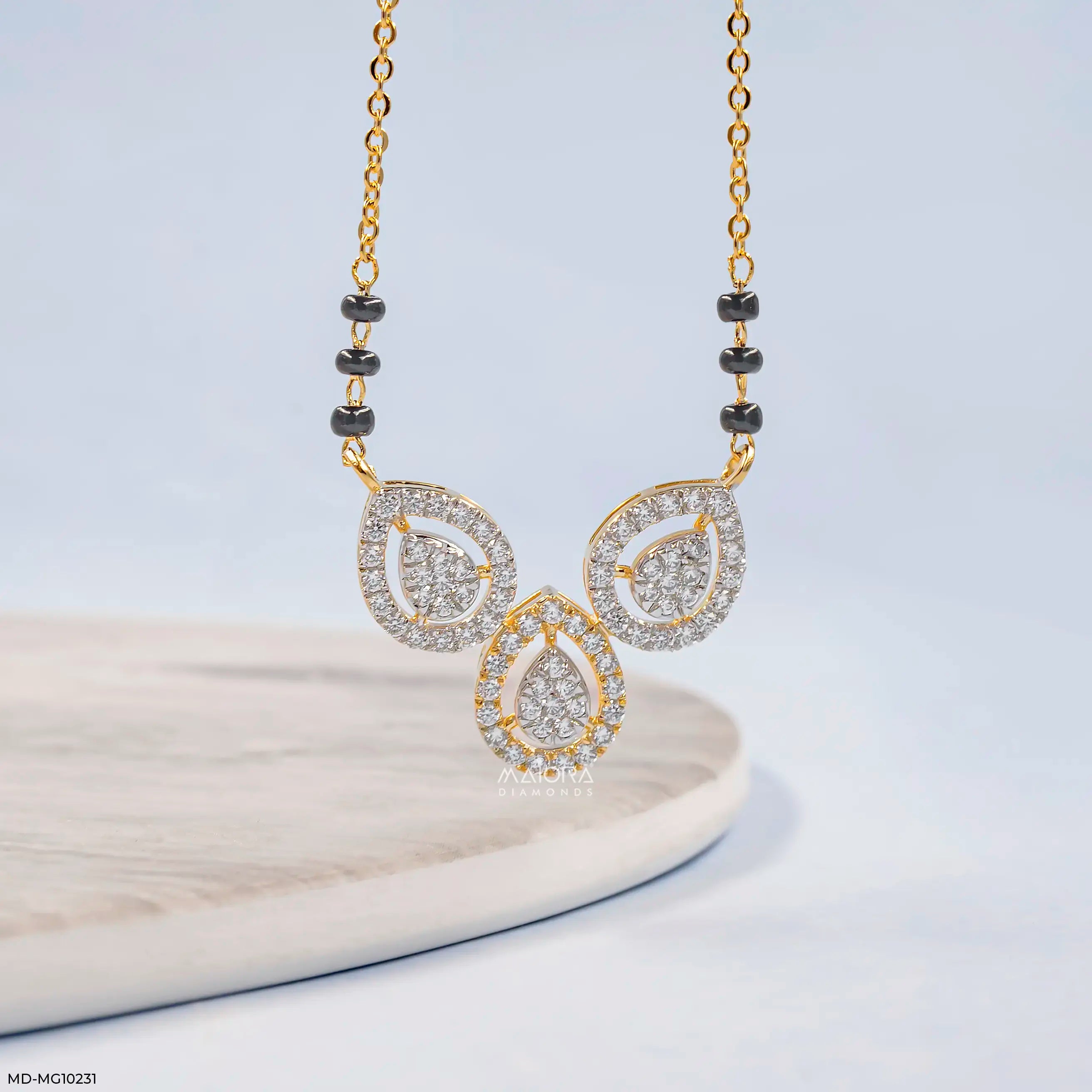 Trio Halo Leaf Diamond Mangalsutra 9K Yellow Gold