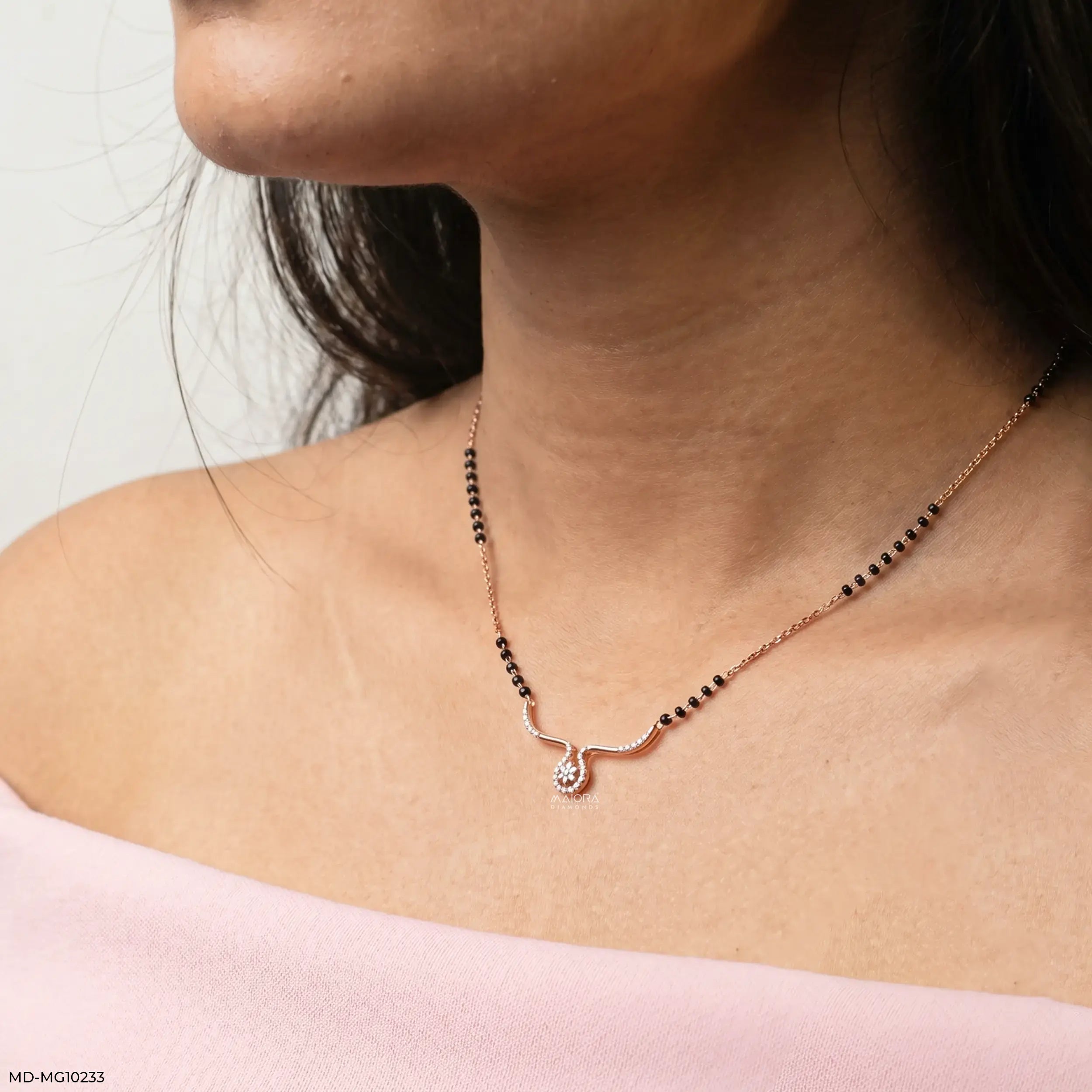 Graceful Twirl Halo Diamond Mangalsutra 9K Yellow Gold