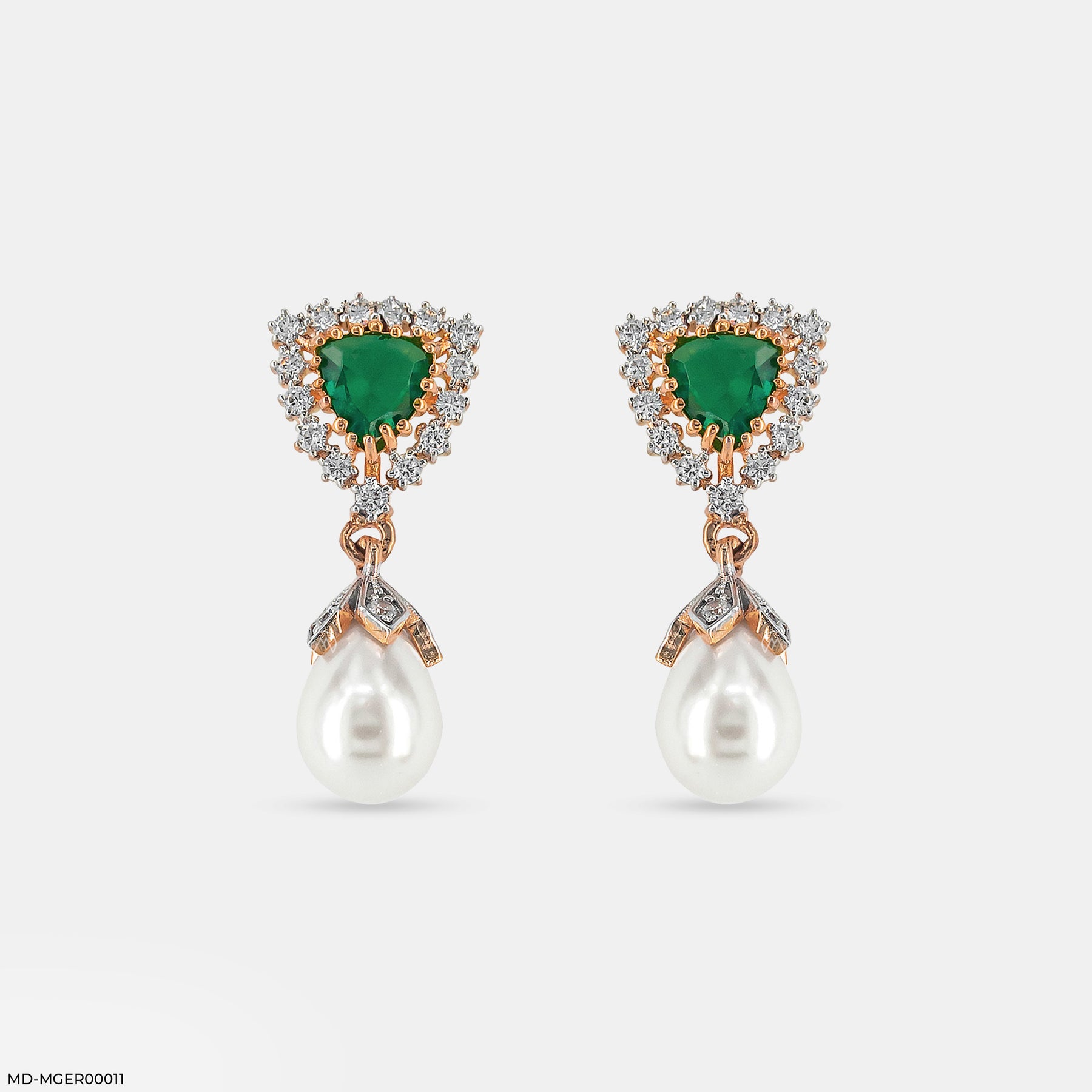 Emerald Pearl Drop Earrings 14K White Gold