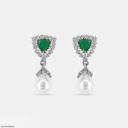Emerald Pearl Drop Earrings 18K White Gold