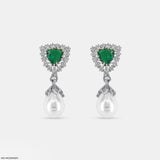 Emerald Pearl Drop Earrings 14K White Gold