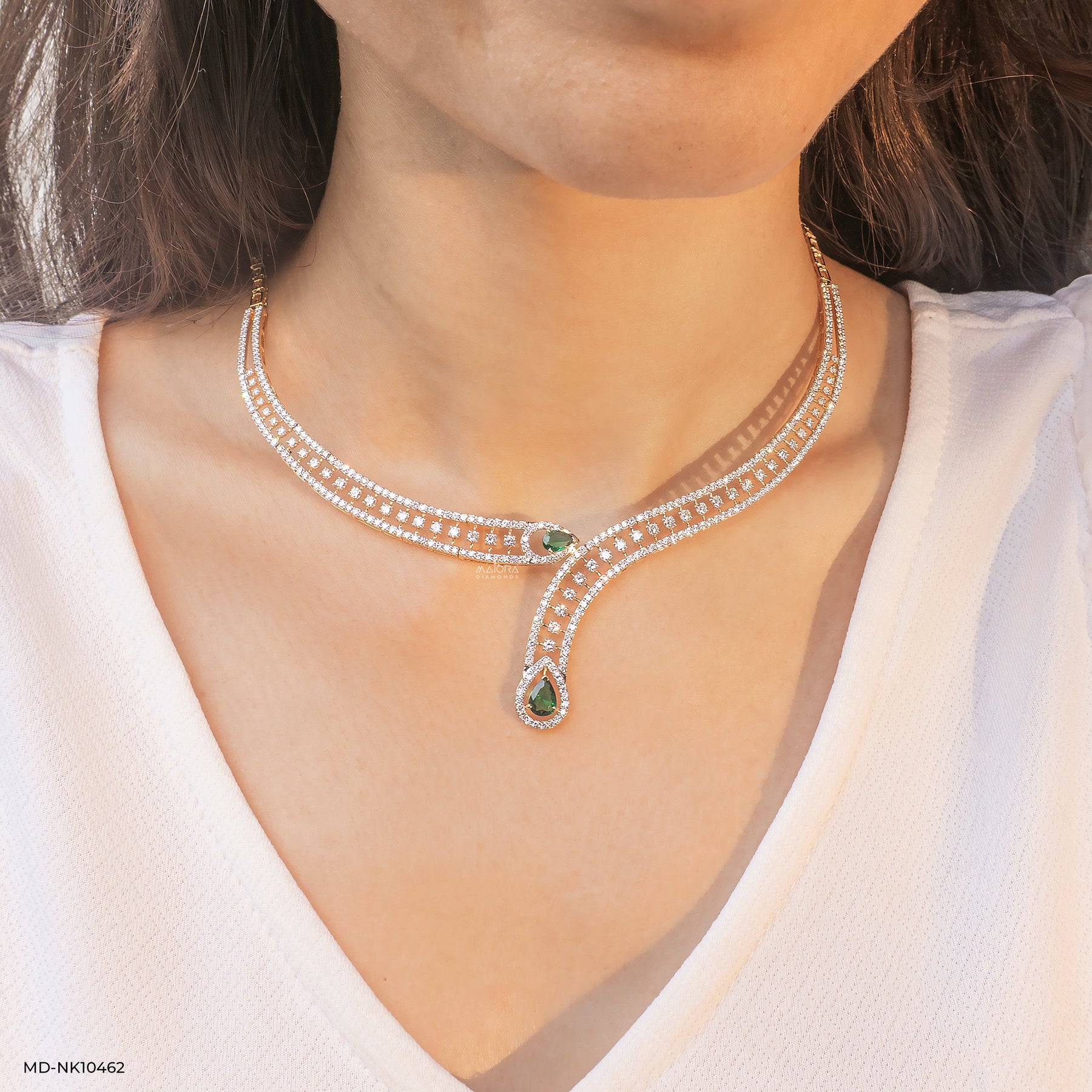 Lariat Collar with Emerald Drops Necklace 9K Yellow Gold