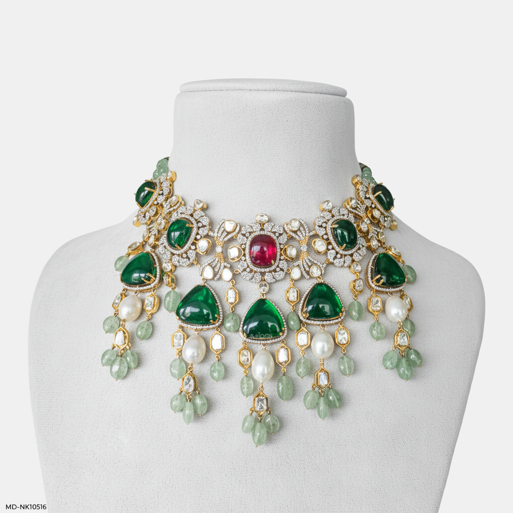 Emerald Polki Choker Necklace 14K Yellow Gold