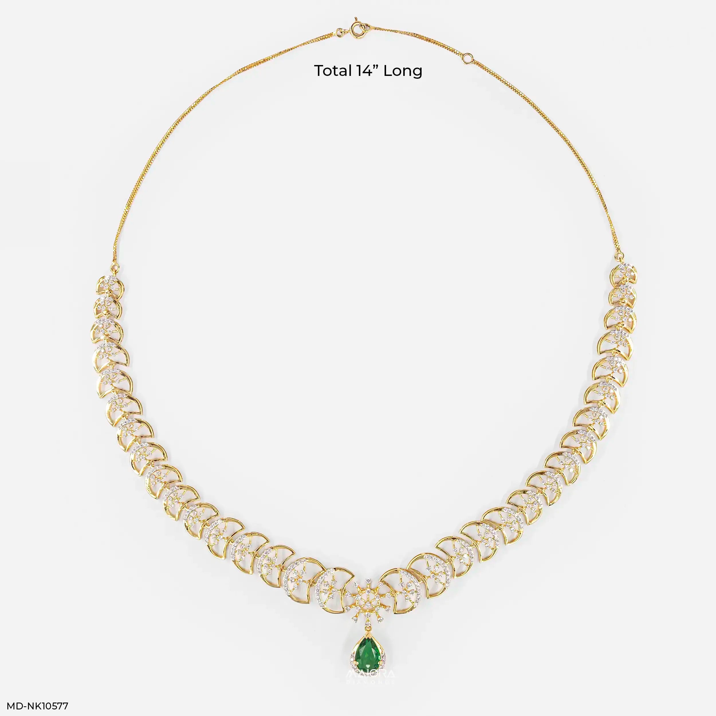 Royal Emerald Crescent Diamond Necklace 9K Yellow Gold