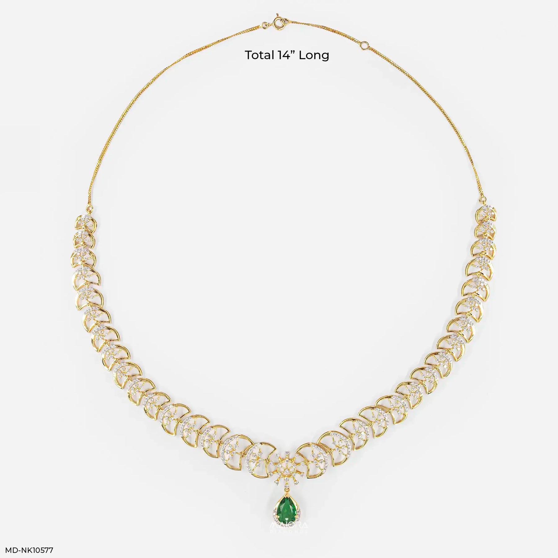 Royal Emerald Crescent Diamond Necklace 9K White Gold