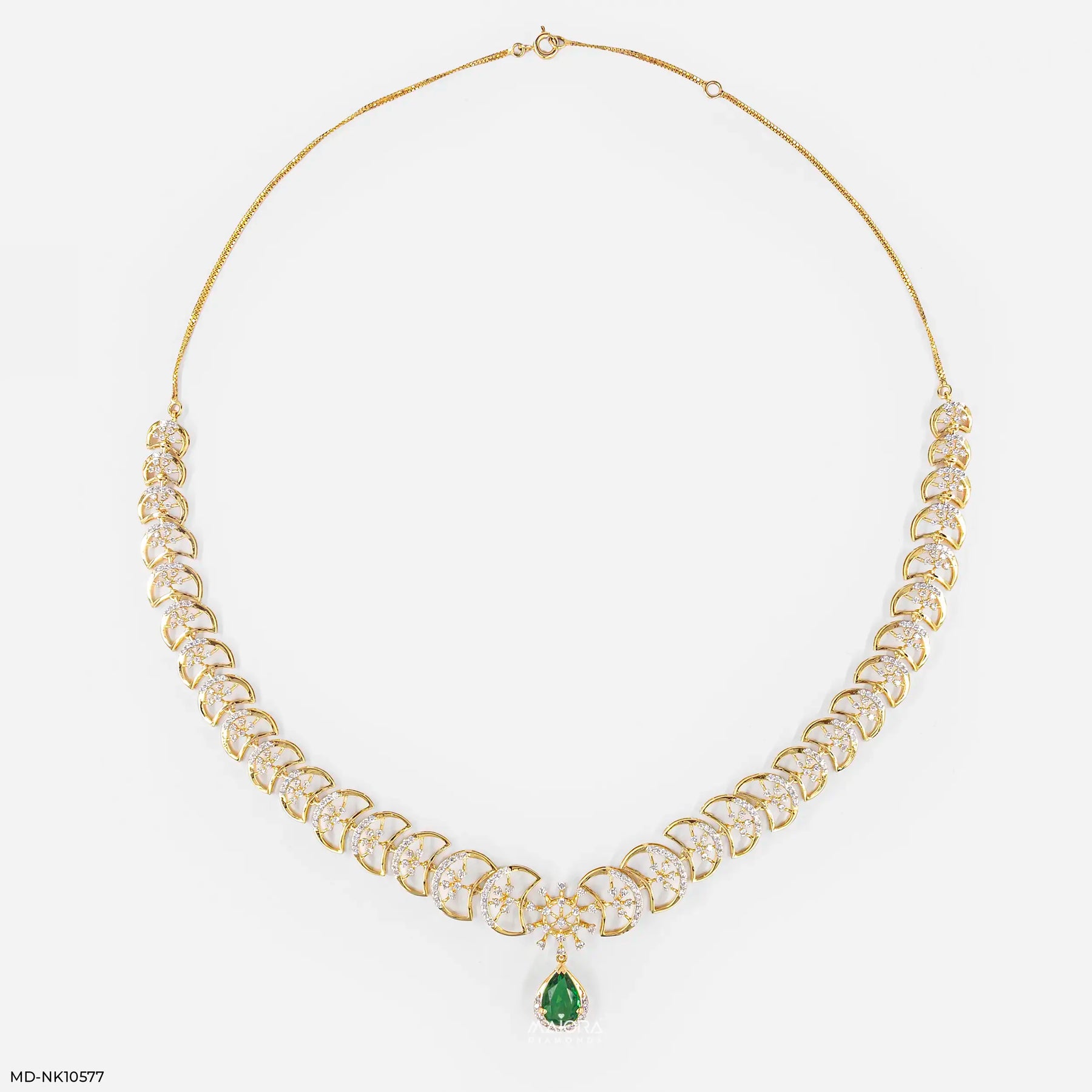 Royal Emerald Crescent Diamond Necklace 9K White Gold