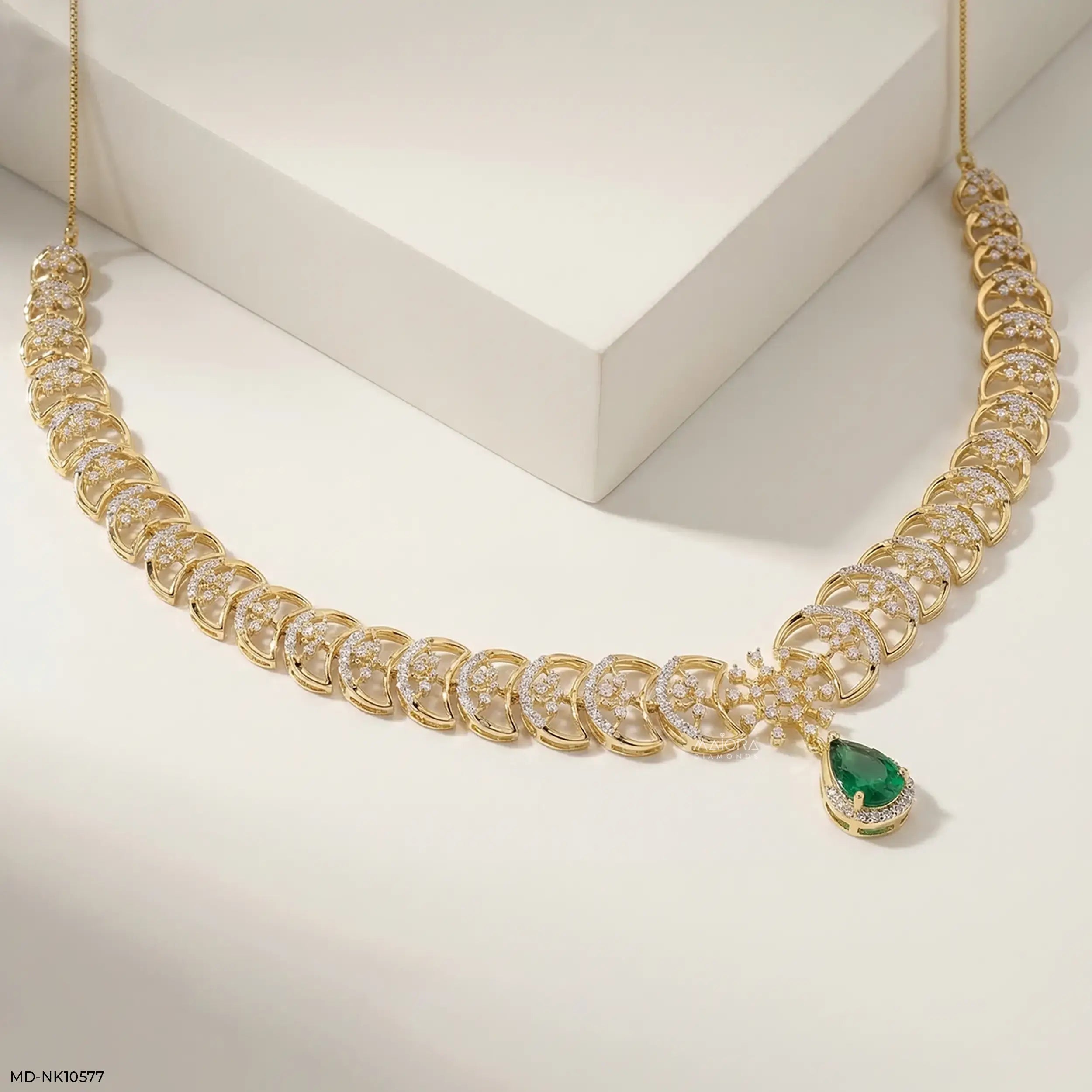 Royal Emerald Crescent Diamond Necklace 9K Yellow Gold