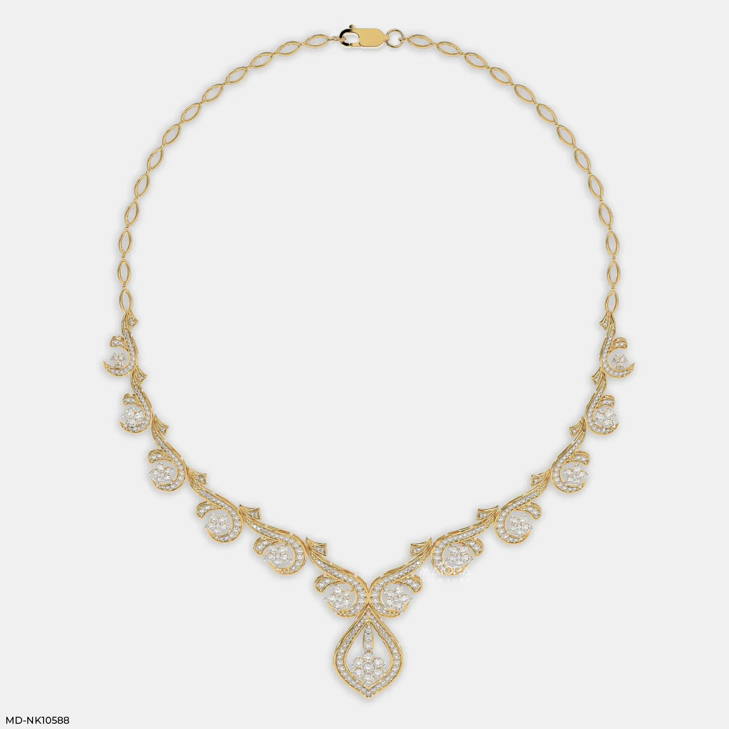 Floral Golden Swirl Diamond Necklace 9K Yellow Gold