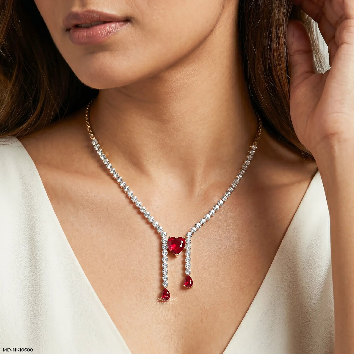 Lariat Heart Ruby Y Drop Diamond Necklace