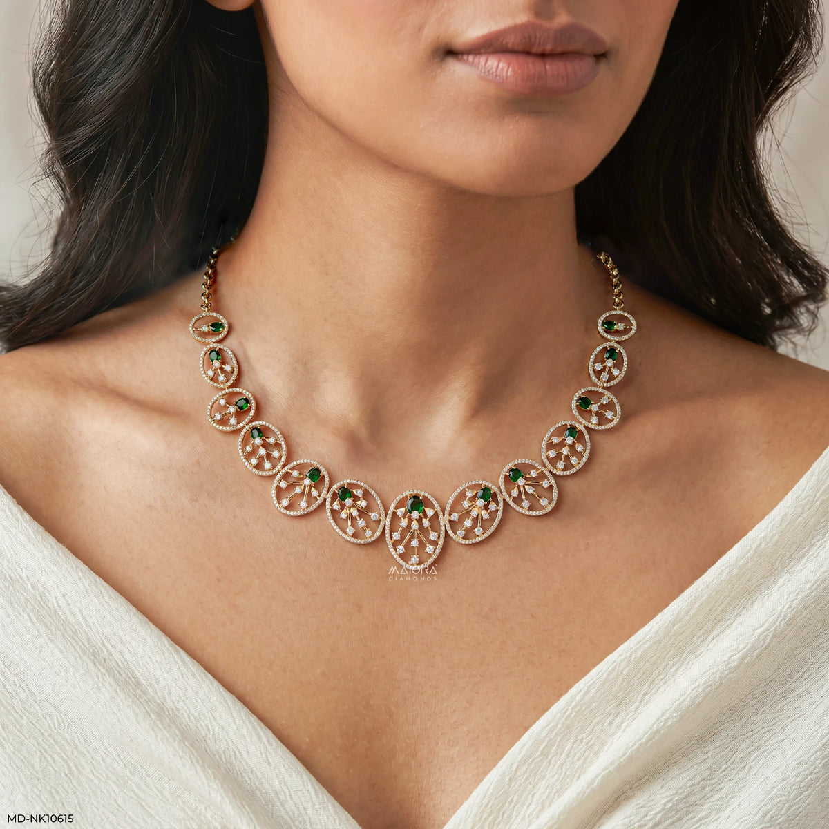 Modern Link Emerald Oval Diamond Necklace