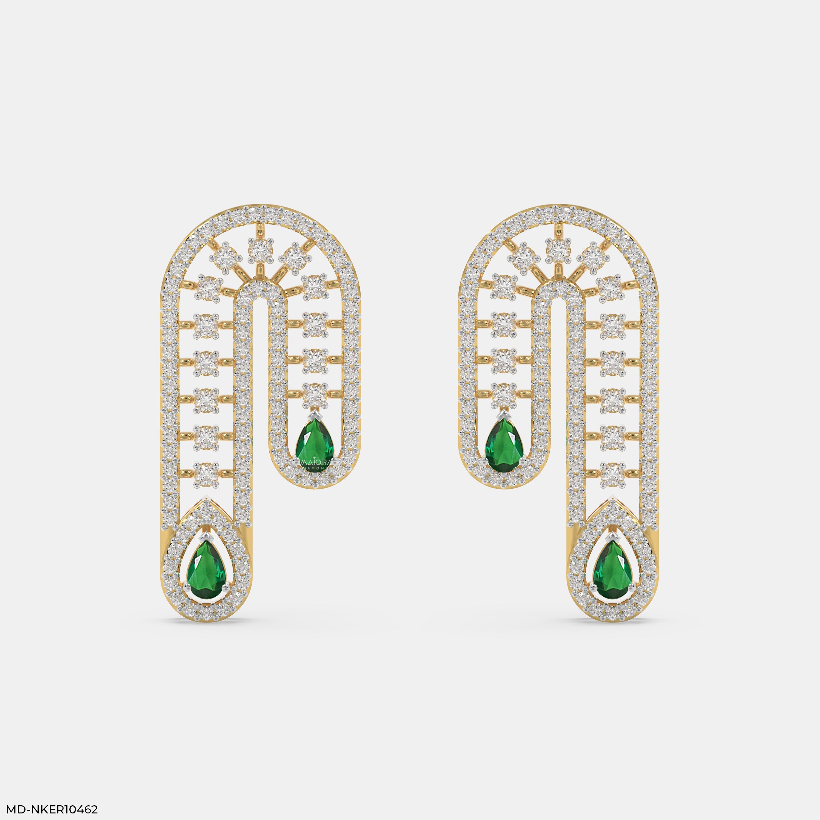 Stunning Pear Emerald Deco Diamond Earrings  9K Yellow Gold