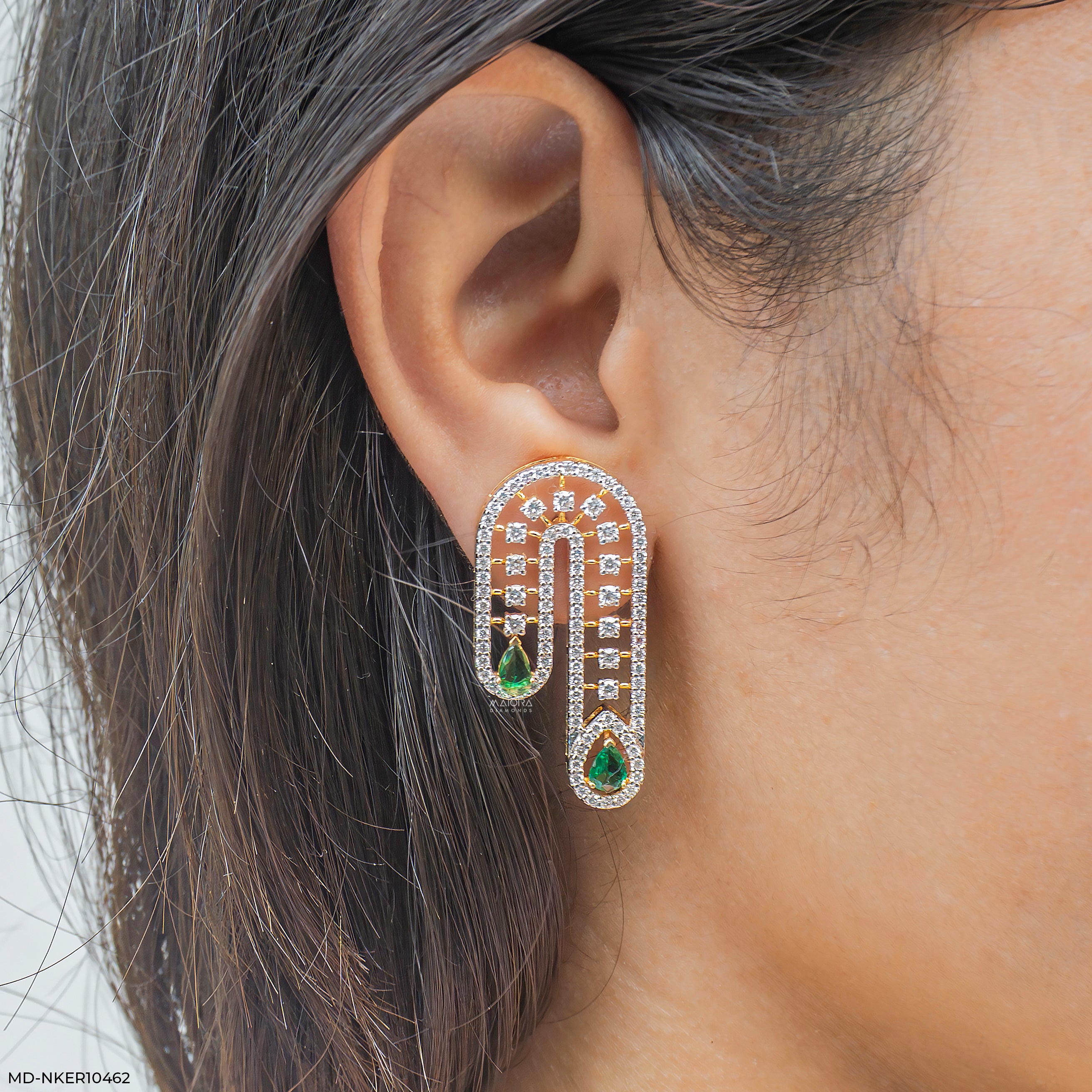 Stunning Pear Emerald Deco Diamond Earrings  9K Yellow Gold