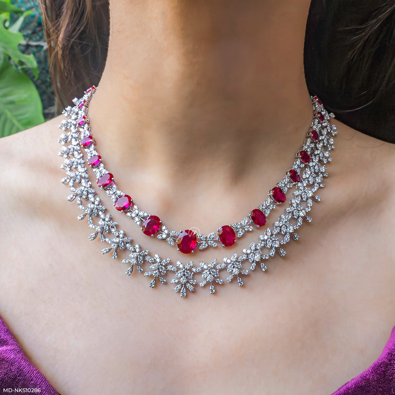 Velvet Crimson Layered Necklace 14K White Gold