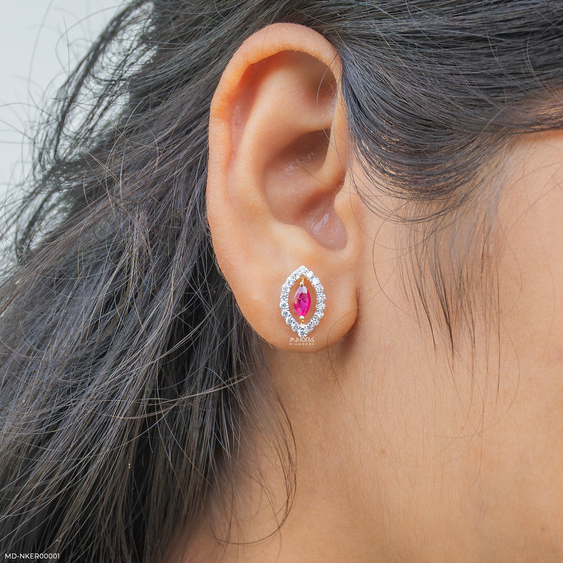 0.5 Carat Ruby Eye Stud Lab Diamond Earrings 14K Yellow Gold