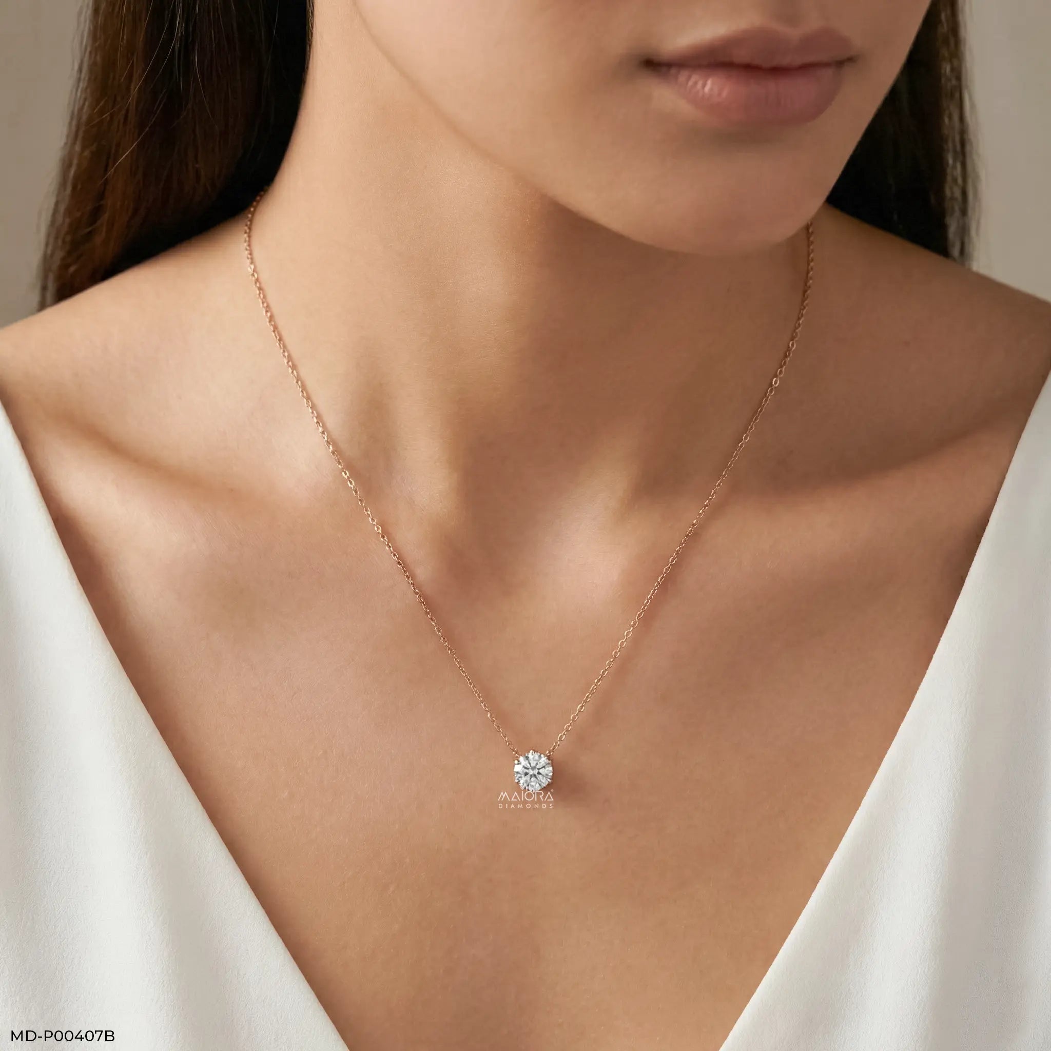 1 Carat Round Solitare Lab Diamond Necklace 14K Rose Gold
