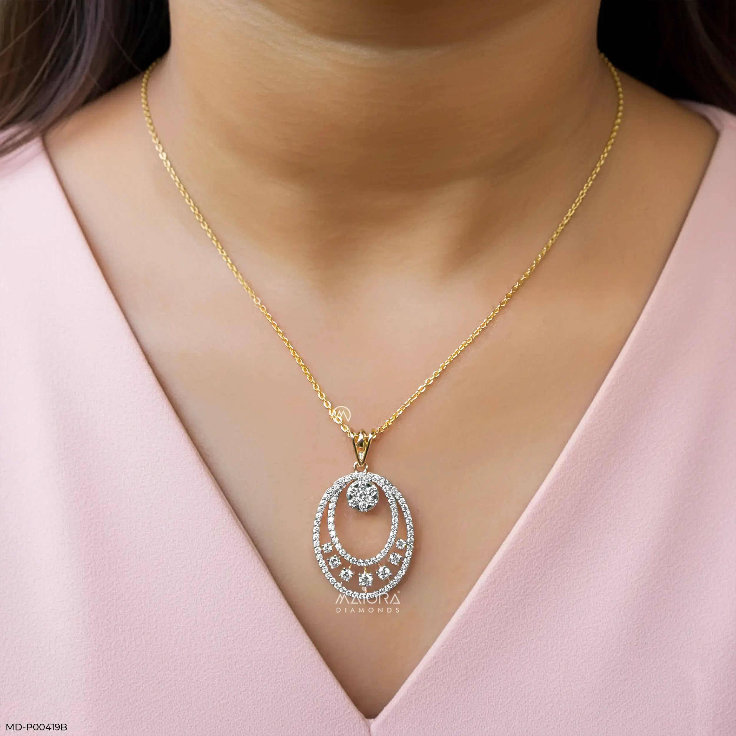 1.65 Carat Oval Designer Diamond Pendant 14K Yellow Gold