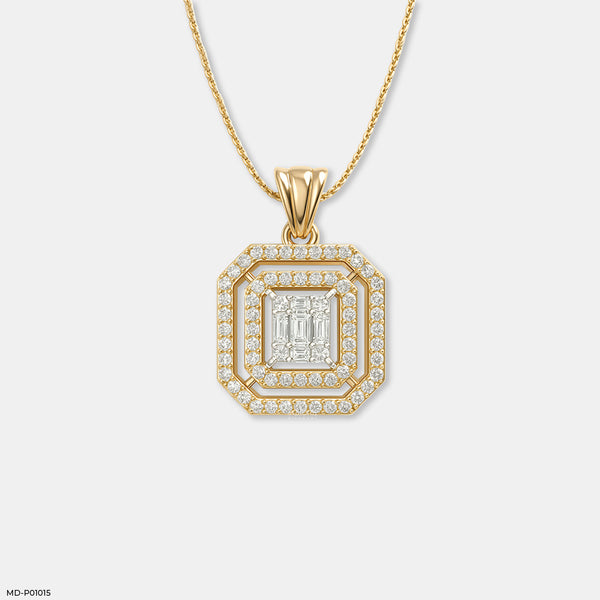 Double Halo Step-Cut Pendant 14K Yellow Gold