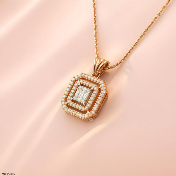 Double Halo Step-Cut Pendant 14K Yellow Gold