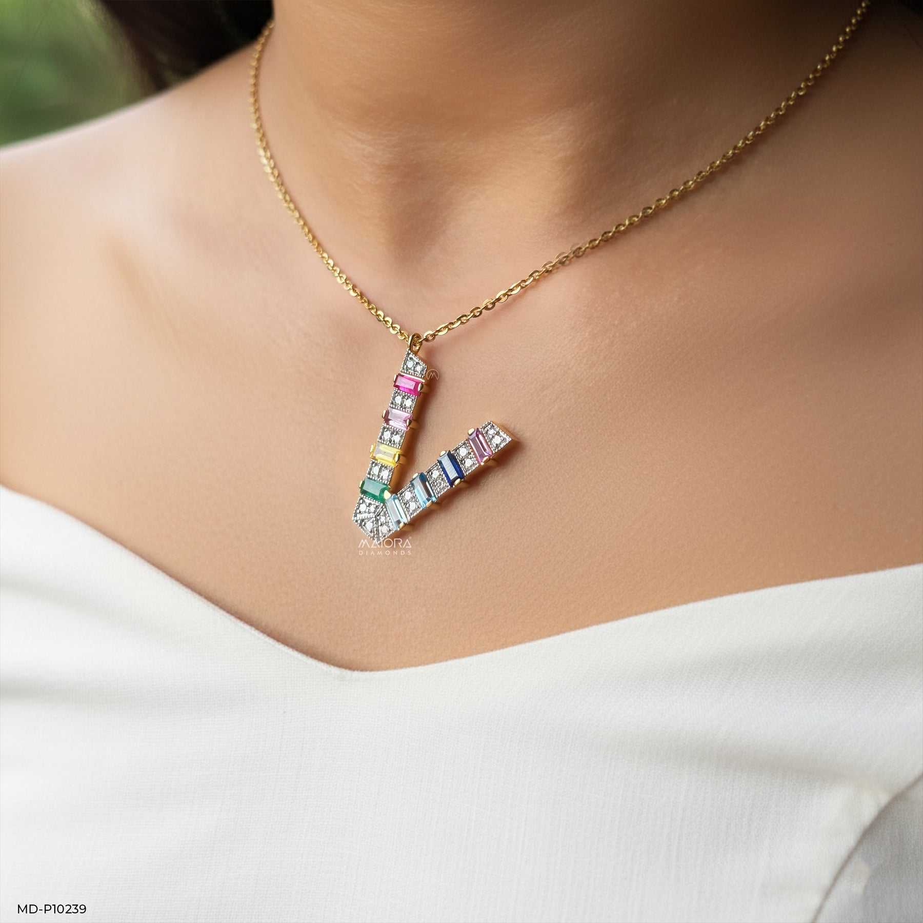 Multicolor Gemstone V Pendant 9K Yellow Gold