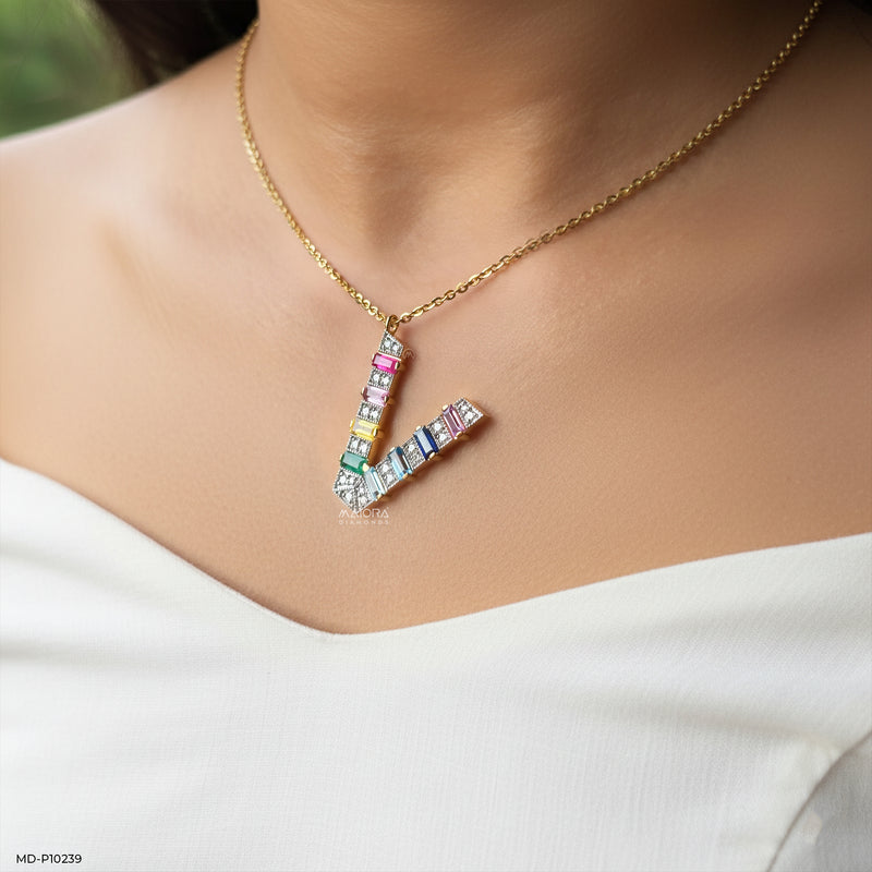 Multicolor Gemstone V Pendant 9K Yellow Gold