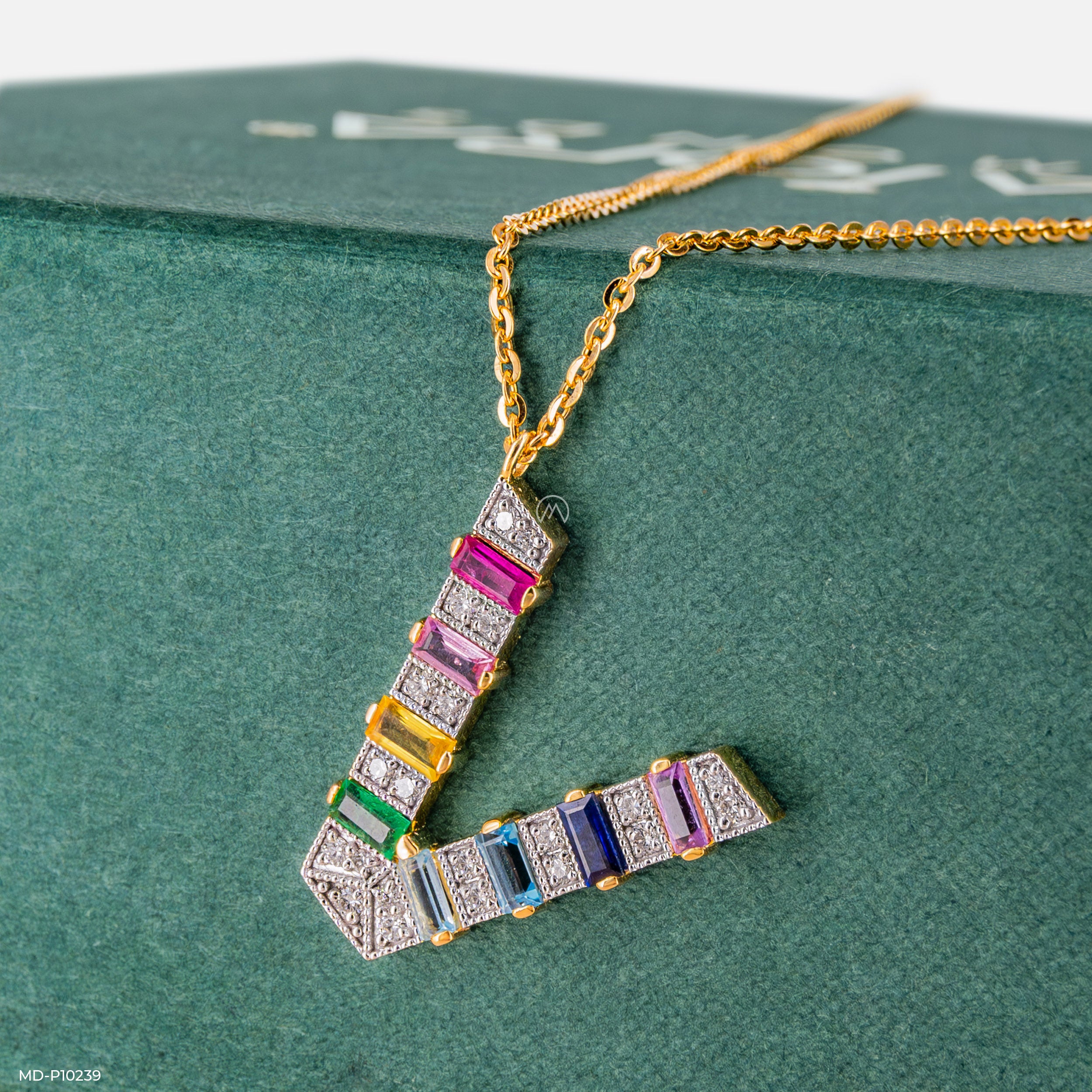Multicolor Gemstone V Pendant 18K White Gold