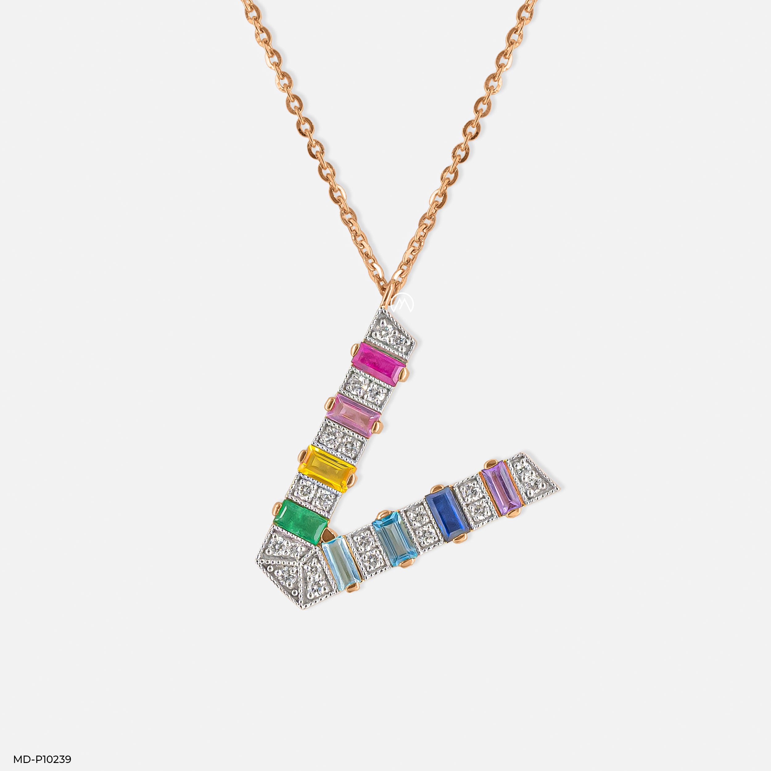 Multicolor Gemstone V Pendant 18K White Gold