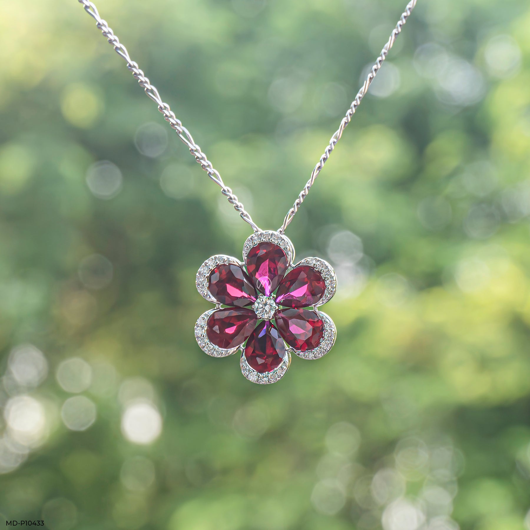 The Garnet Bloom  Pendants 14K White Gold