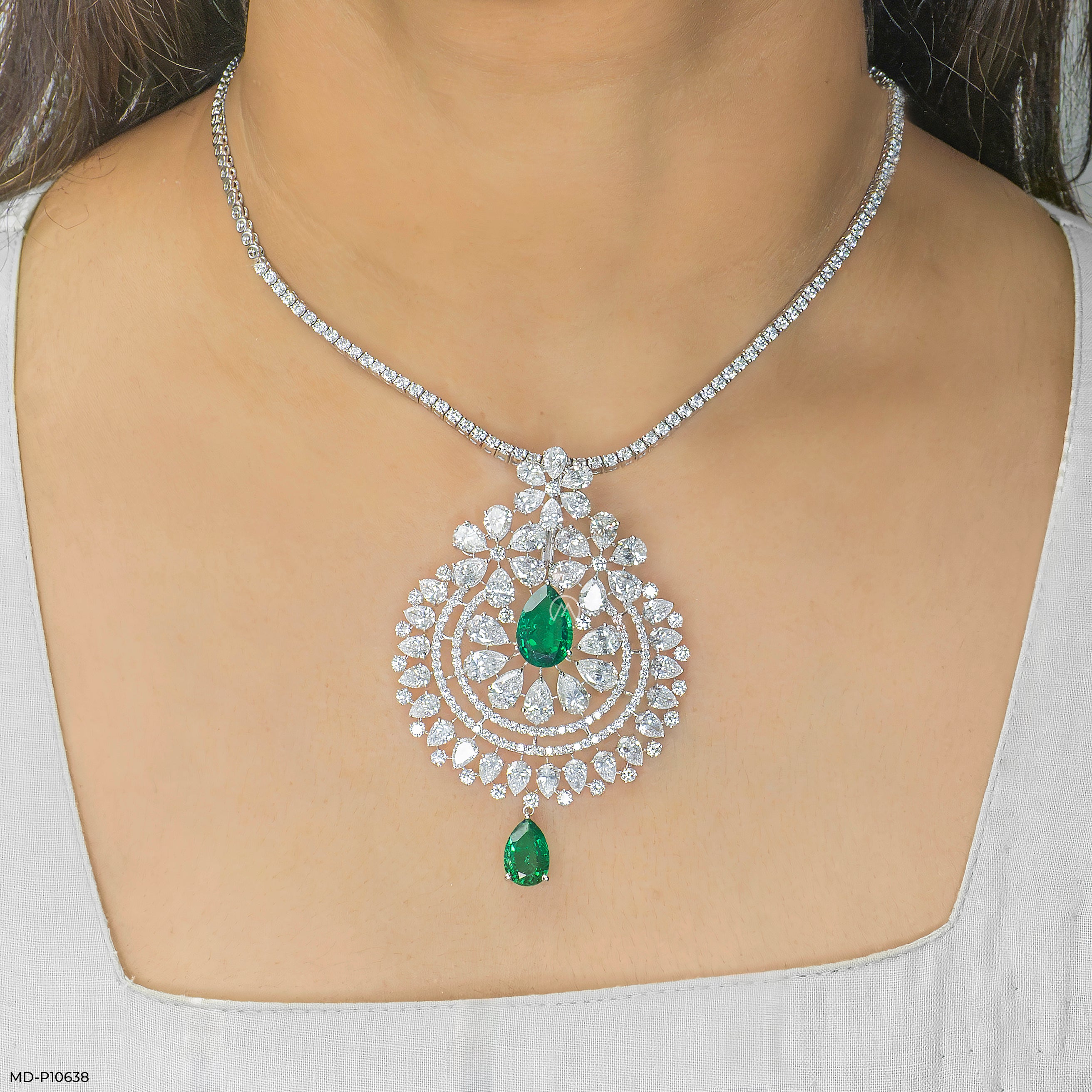 Emerald Cascade Diamond Pendant 9K White Gold