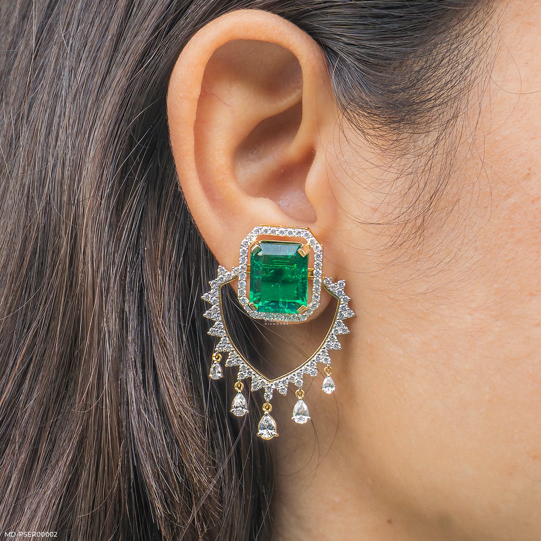 3 Carat Vintage Emerald Cluster Lab Diamond Earrings 14K Yellow Gold