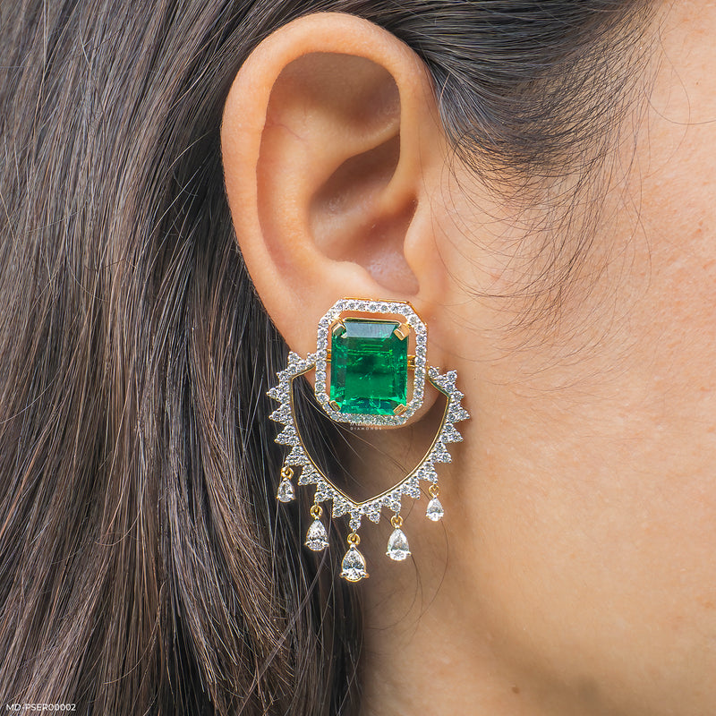 The Vintage Emerald Cluster Lab Diamond Earrings 14K Yellow Gold