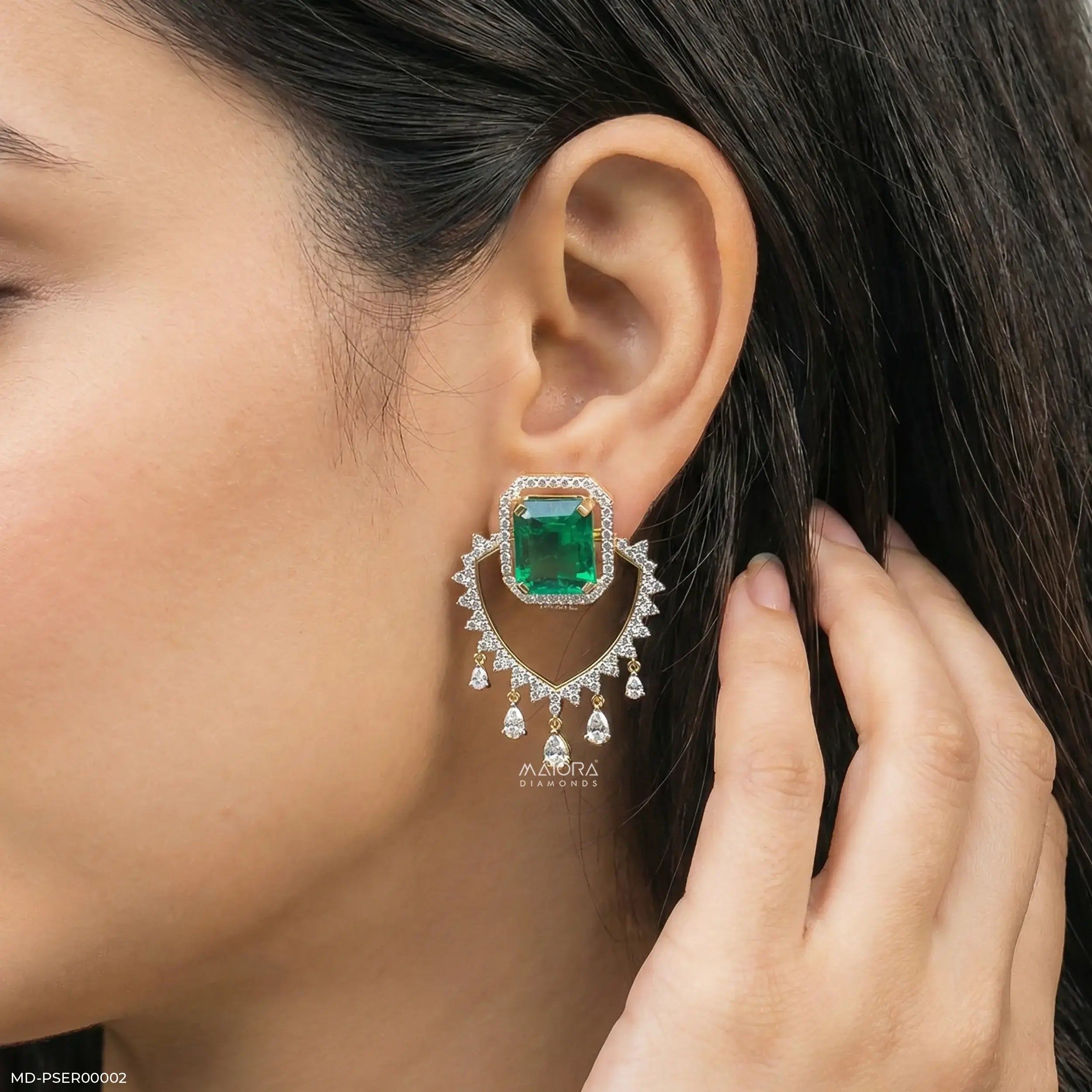 3 Carat Vintage Emerald Cluster Lab Diamond Earrings 14K Yellow Gold