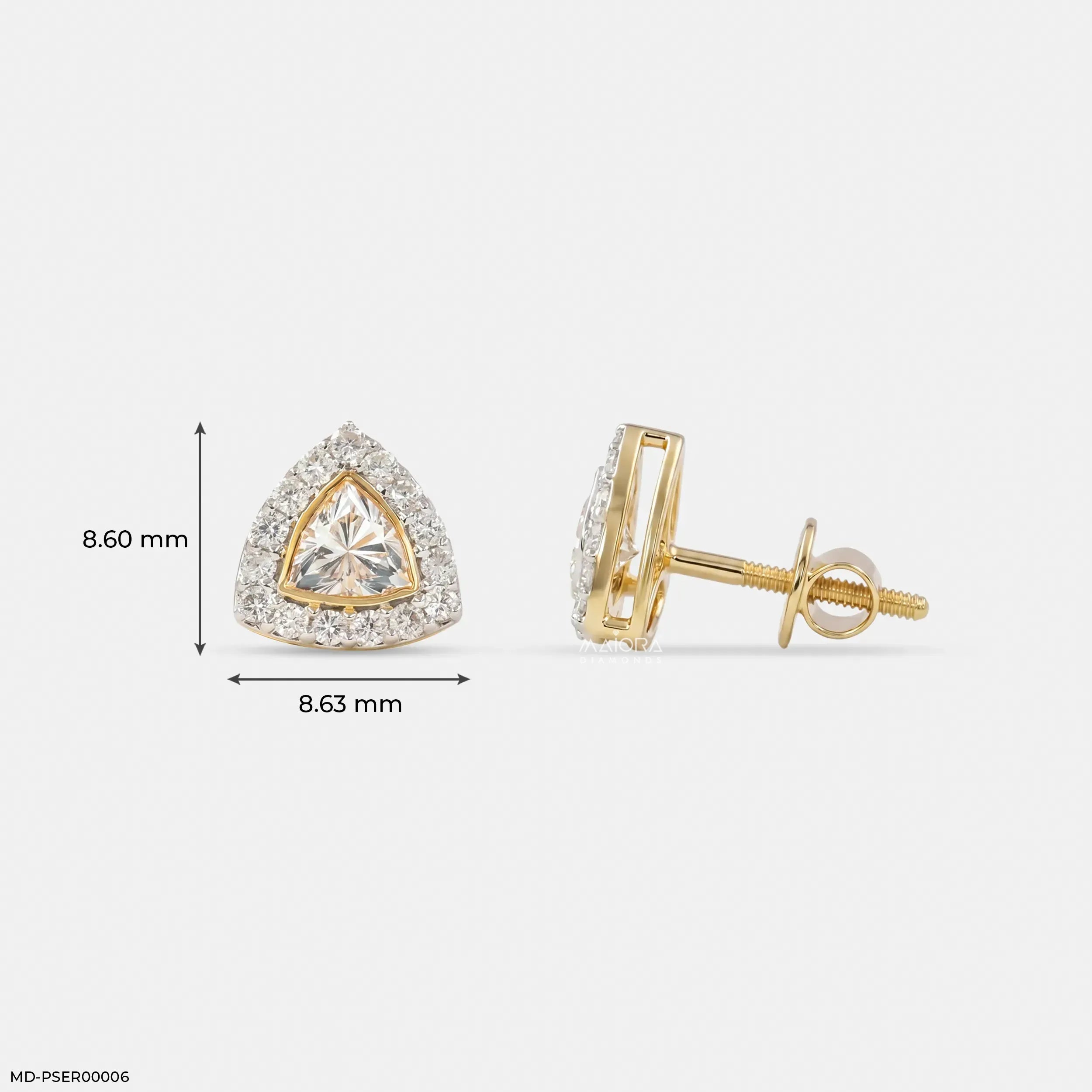 0.80 Carat Spark Trigon Solitaire Lab Diamond Studs 14K Yellow Gold