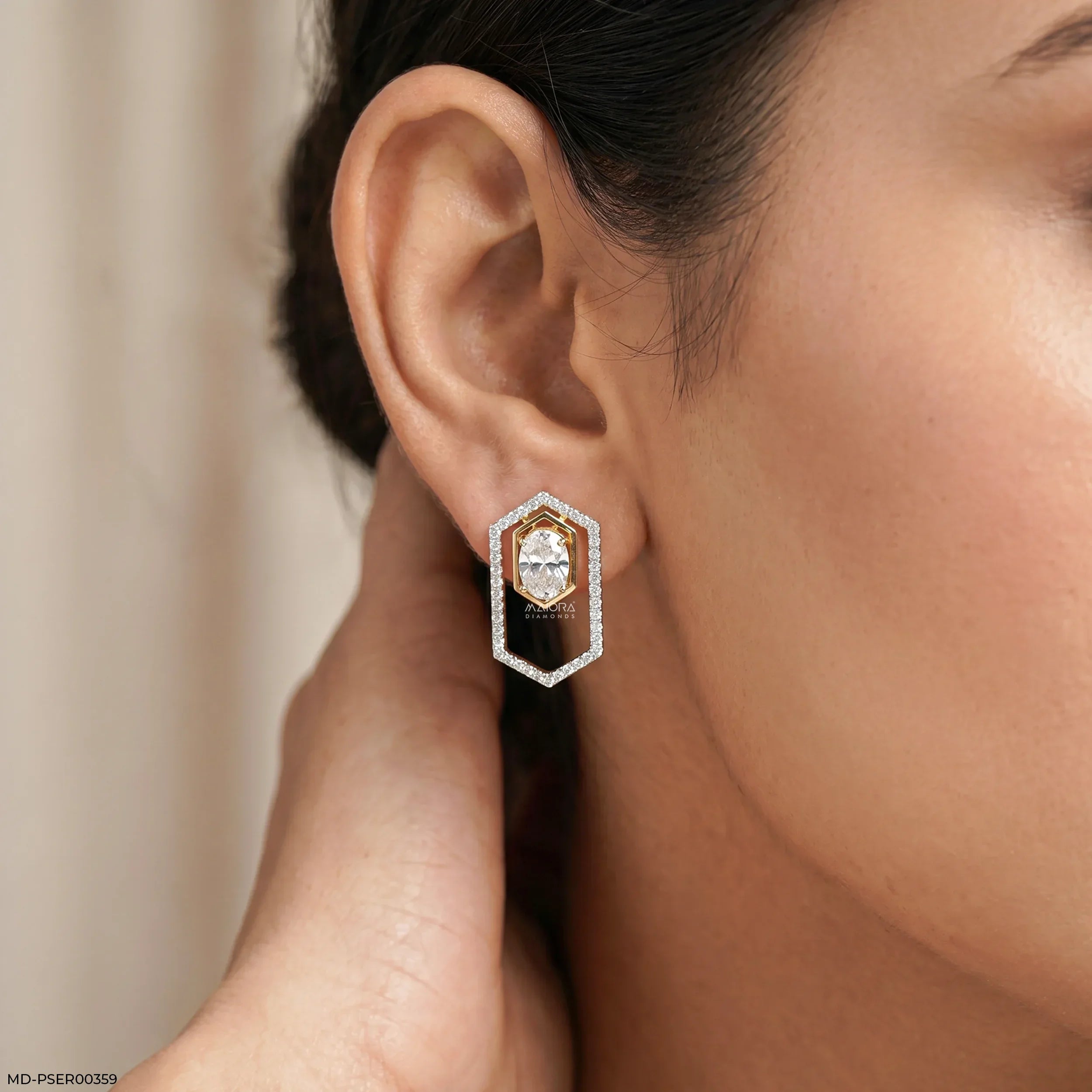 Delicate Hexagon Oval Solitaire Diamond Earrings