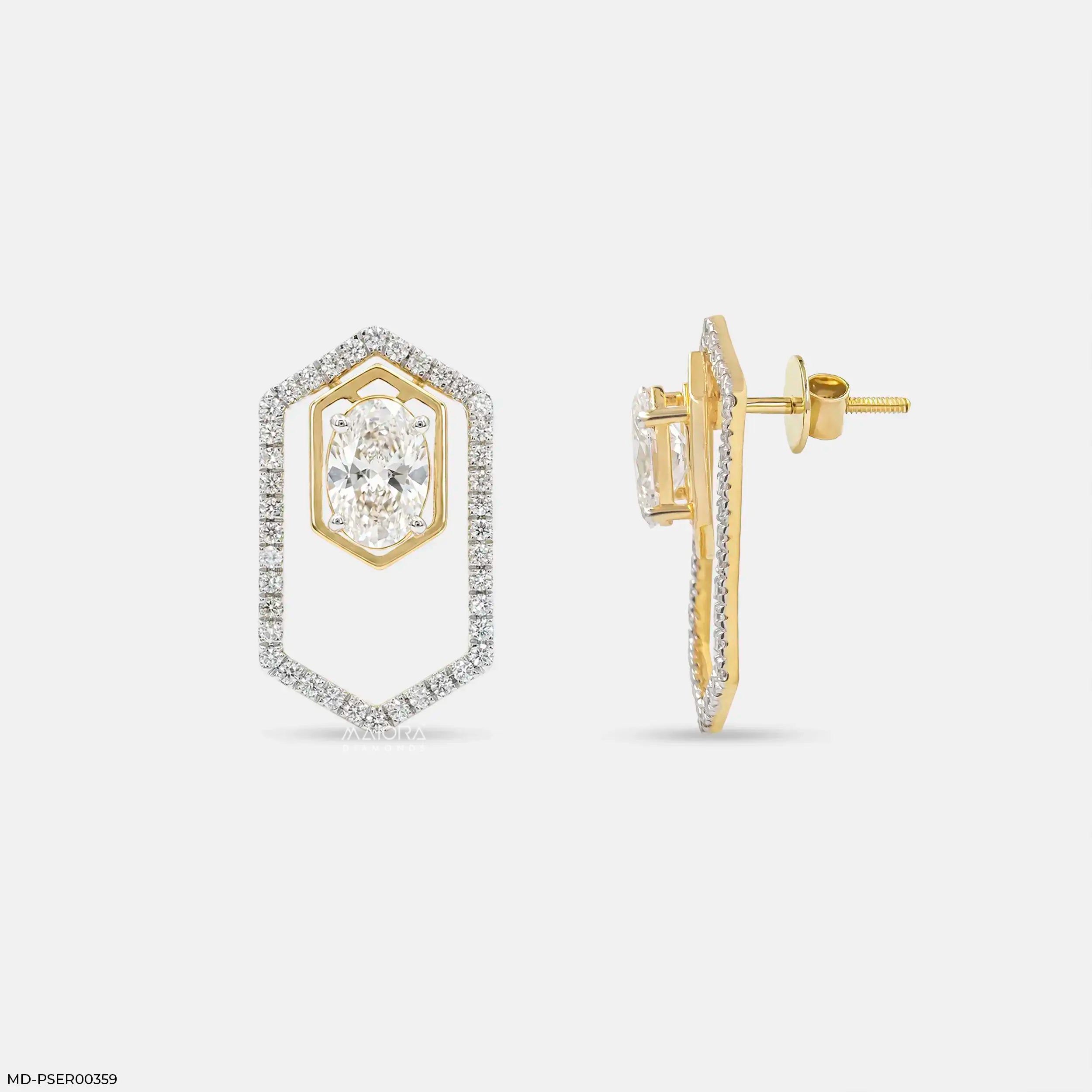 Delicate Hexagon Oval Solitaire Diamond Earrings