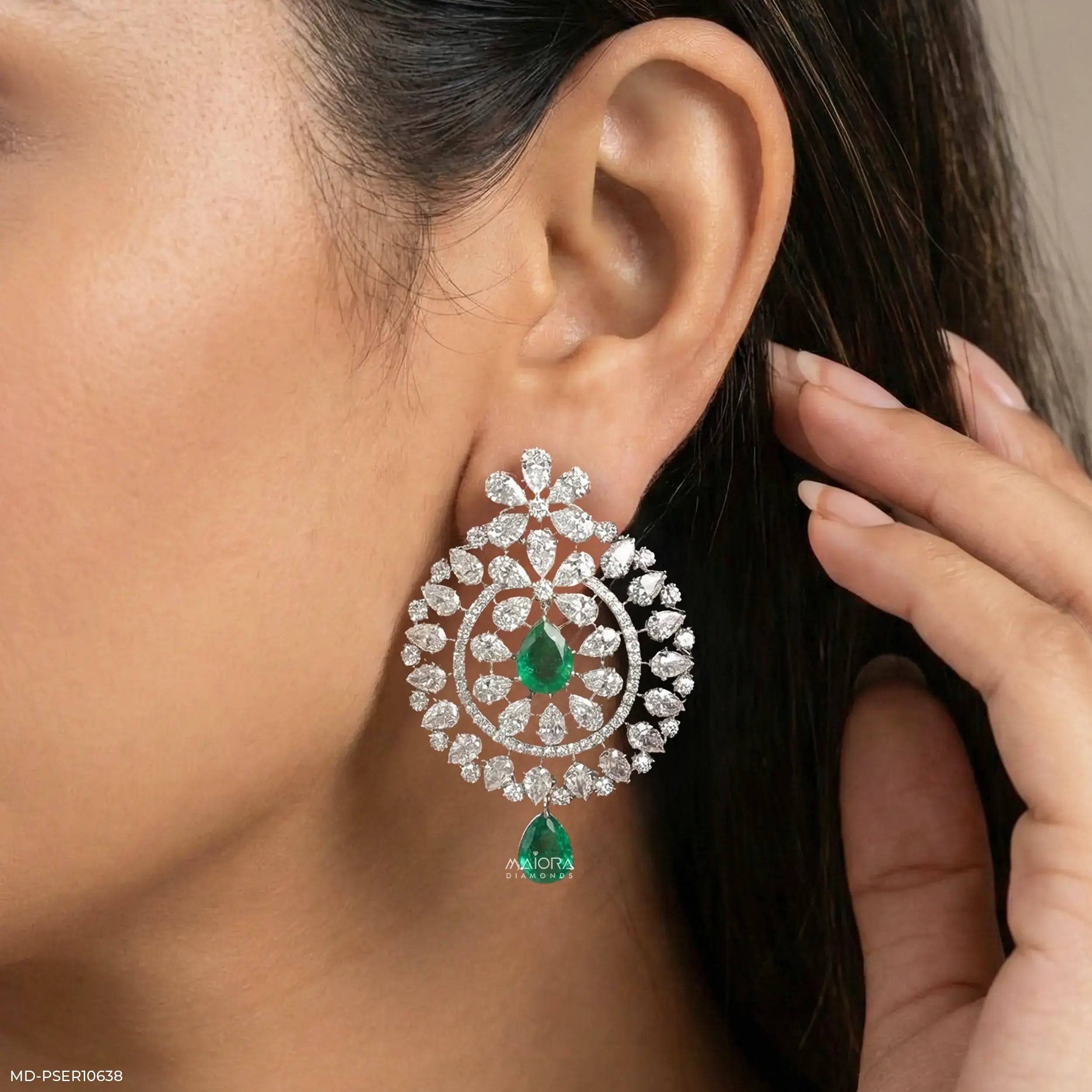 Emerald Mandala Drops Earrings 9K White Gold